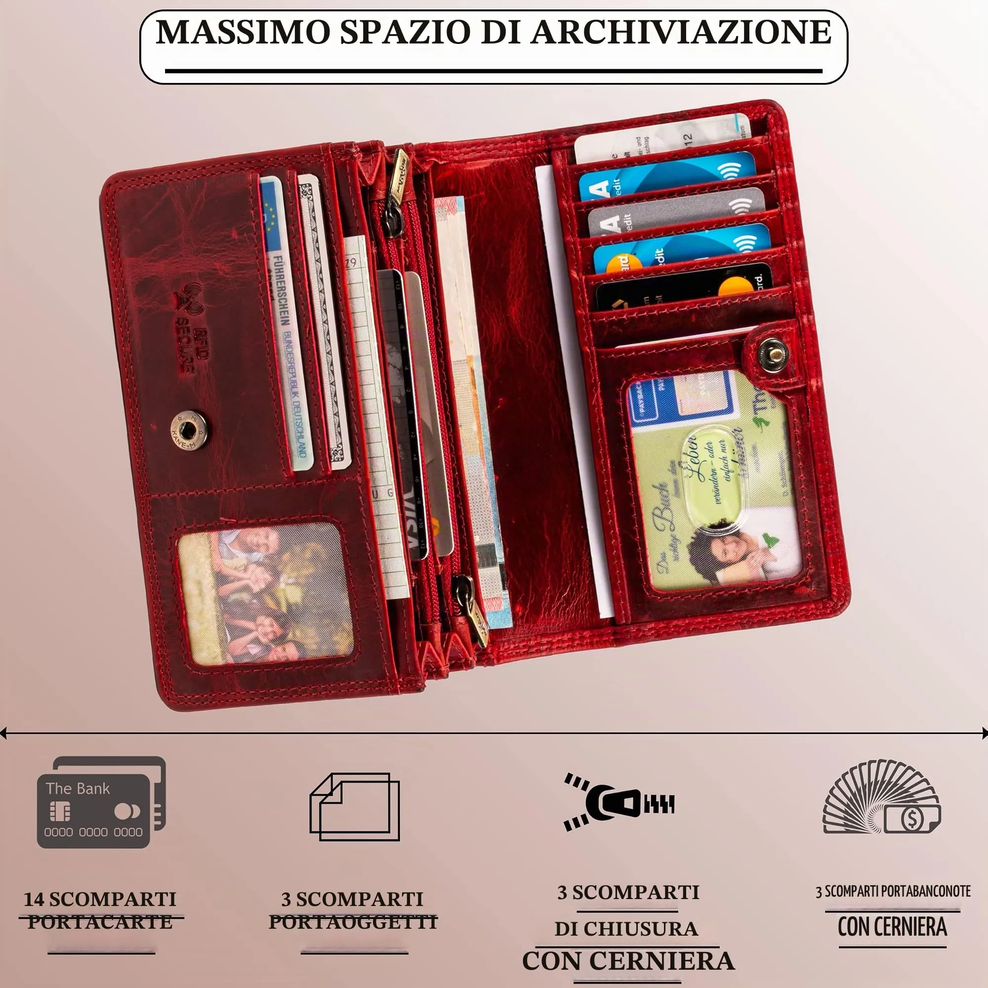 Matador Portafoglio Donna Grande in Vera Pelle RFID, Rosso Floreale - immagine 2