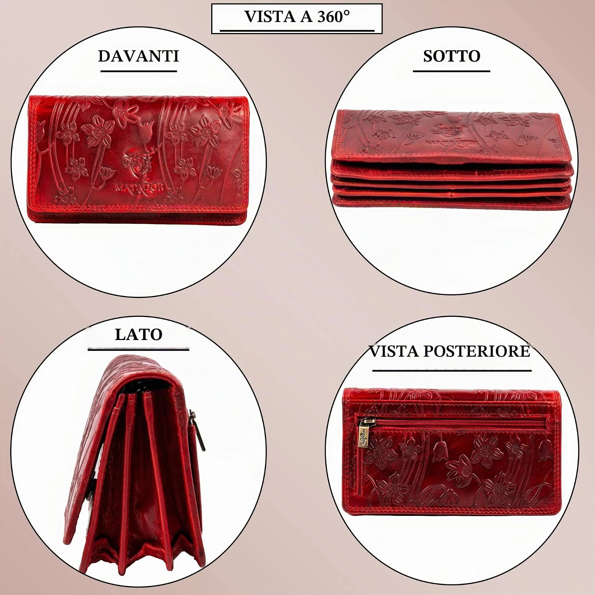 Matador Portafoglio Donna Grande in Vera Pelle RFID, Rosso Floreale - immagine 3