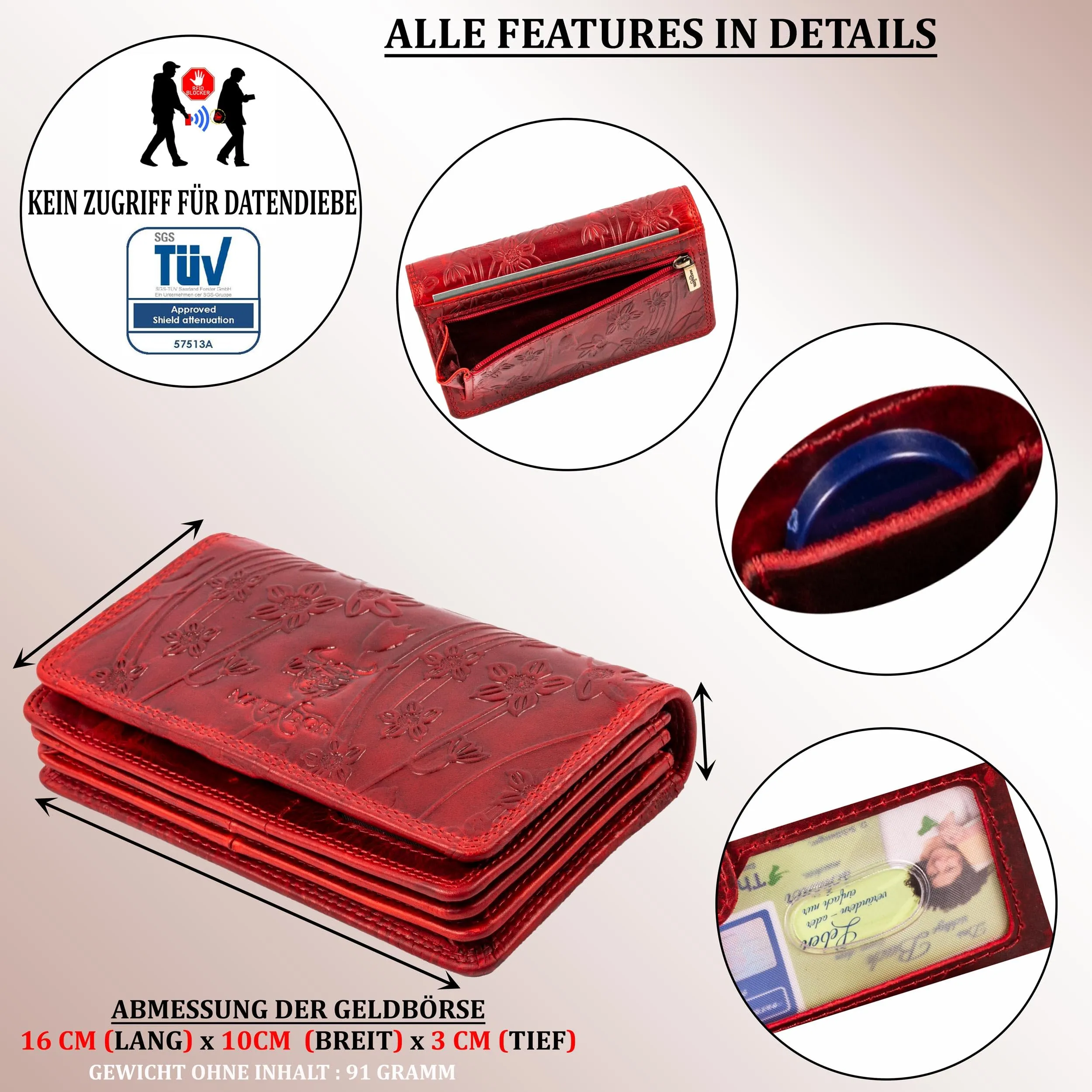 Matador Portafoglio Donna Grande in Vera Pelle RFID, Rosso Floreale - immagine 4