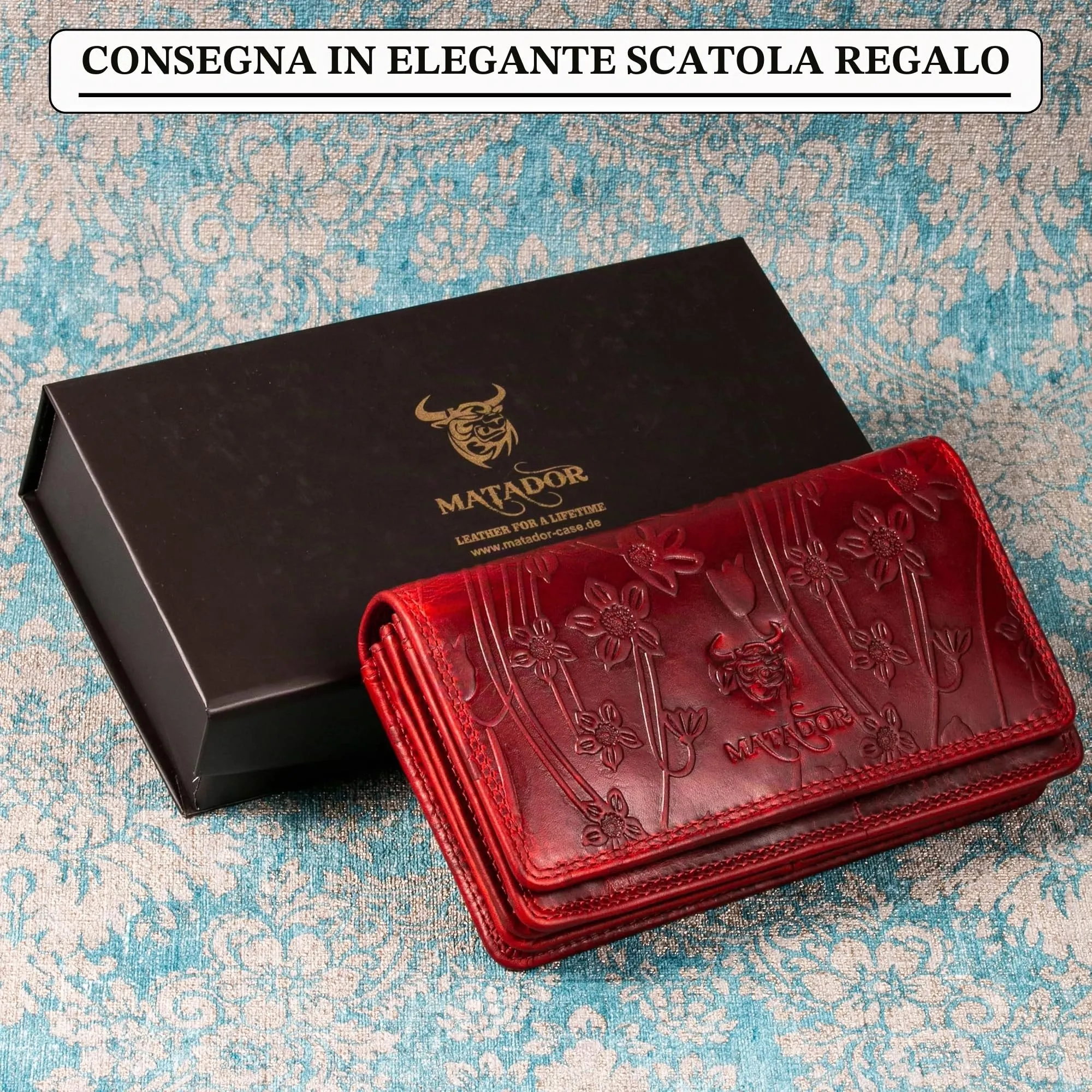 Matador Portafoglio Donna Grande in Vera Pelle RFID, Rosso Floreale - immagine 5