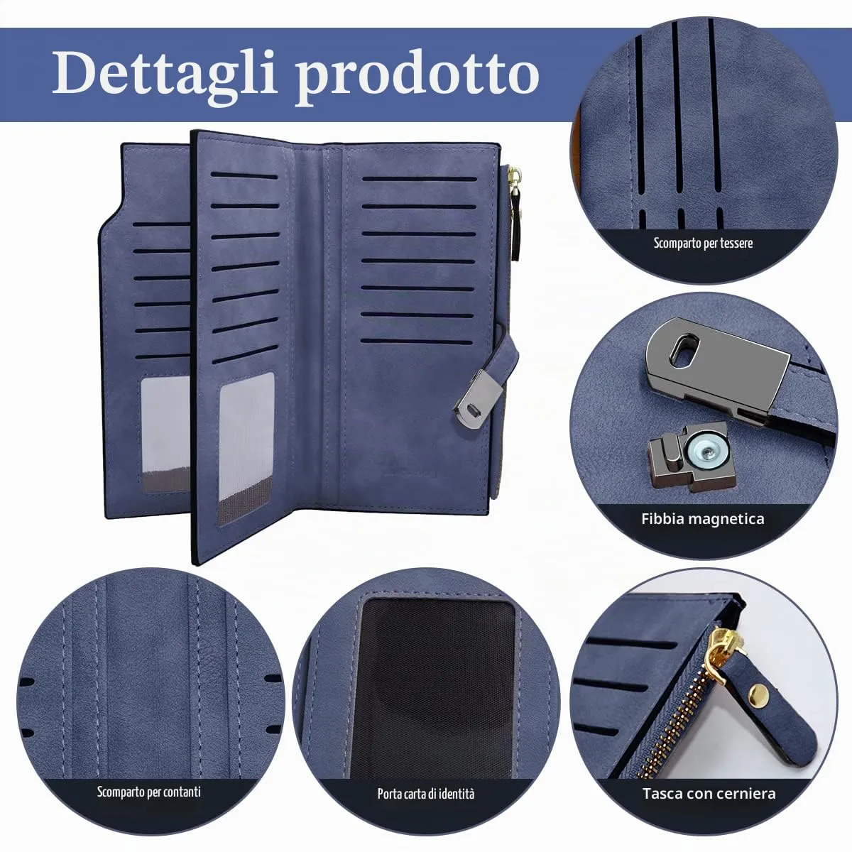 HNOOM Portafoglio Donna Pelle Sintetica Liscia e Morbida (Blu Scuro-L) - immagine 4