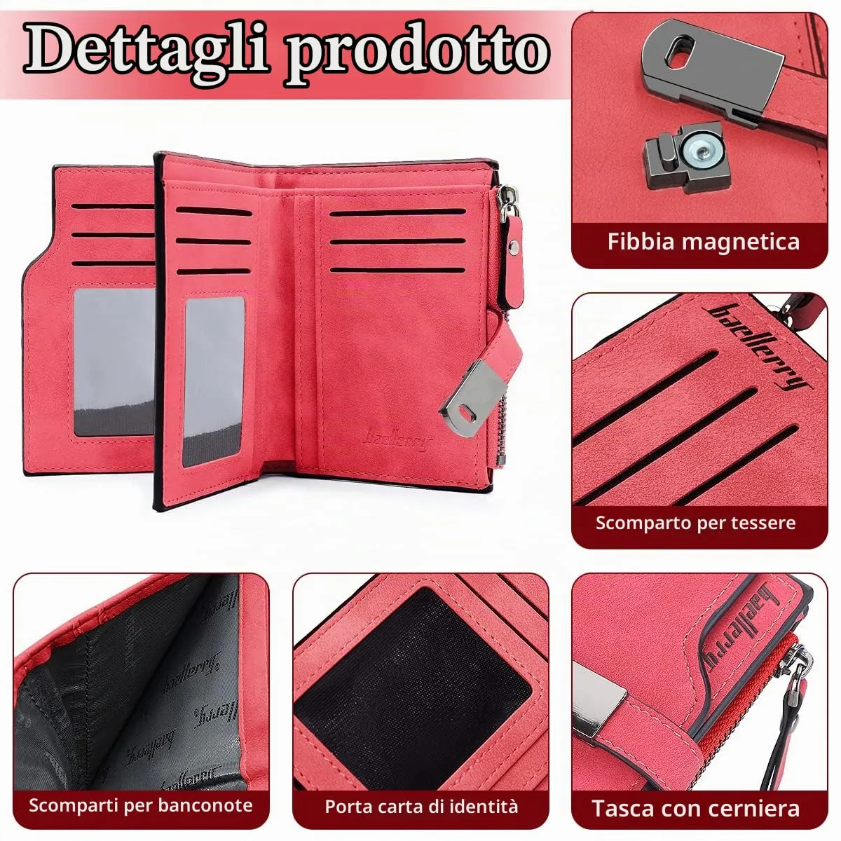 HNOOM Portafoglio Donna Pelle Sintetica Liscia e Morbida (Rosso-S) - immagine 4