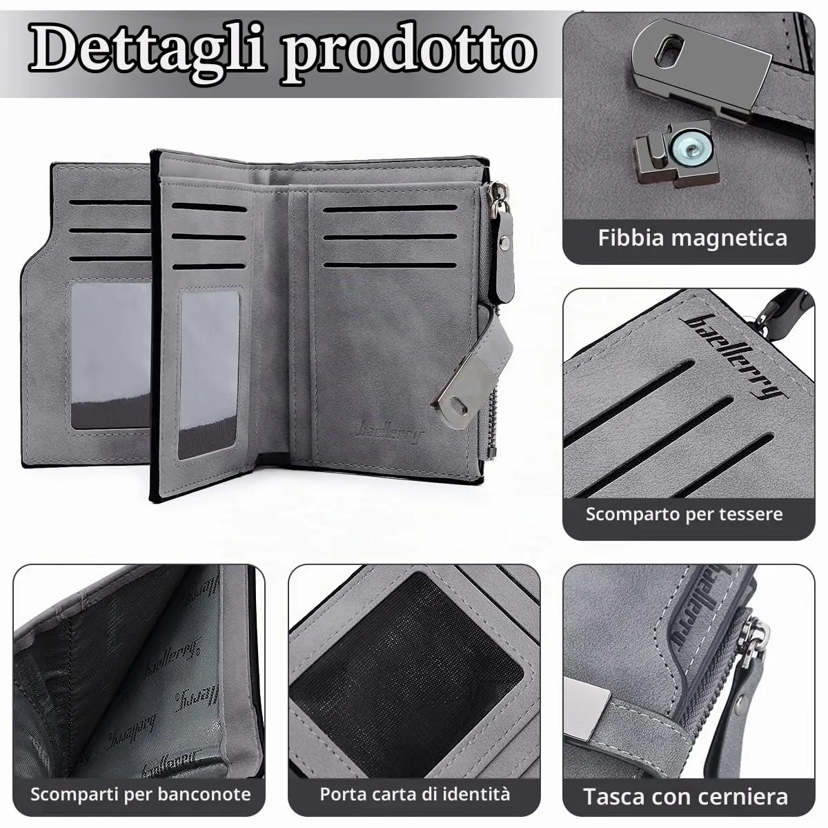 HNOOM Portafoglio Donna Pelle Sintetica Liscia e Morbida (Grigio Scuro-S) - immagine 3