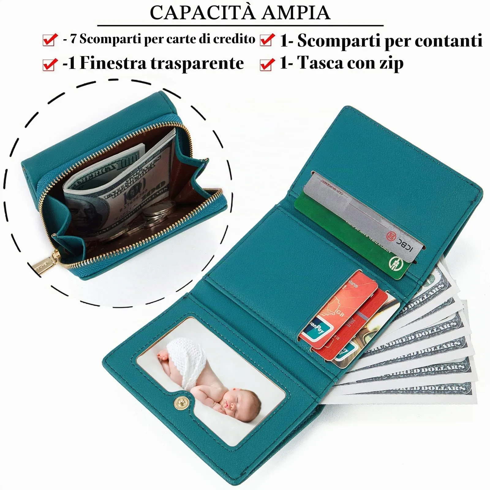 Portafoglio donna piccolo, Borsellino piccolo con grande capacità, Elegante Portamonete donna con con più scomparti per carte di credito Verde marino - immagine 2