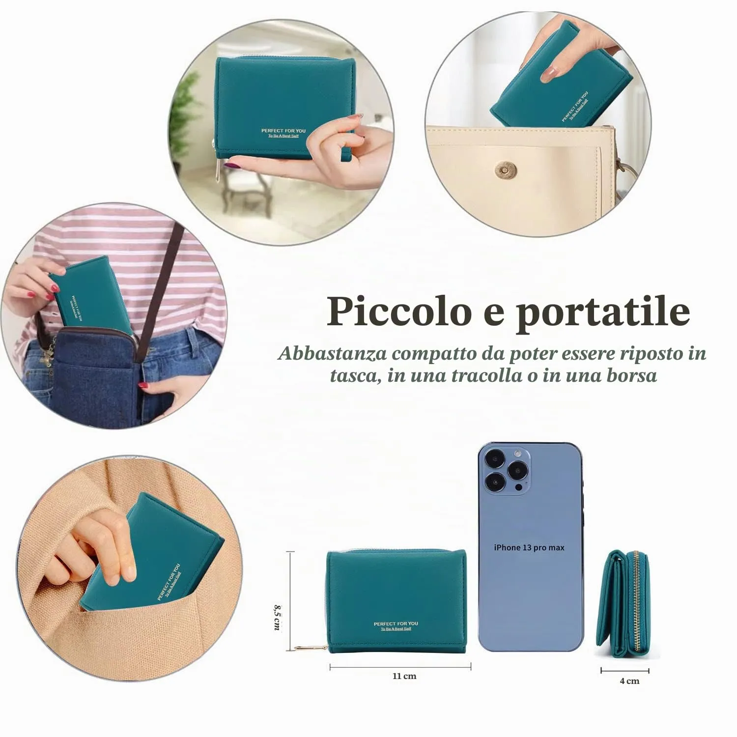 Portafoglio donna piccolo, Borsellino piccolo con grande capacità, Elegante Portamonete donna con con più scomparti per carte di credito Verde marino - immagine 3