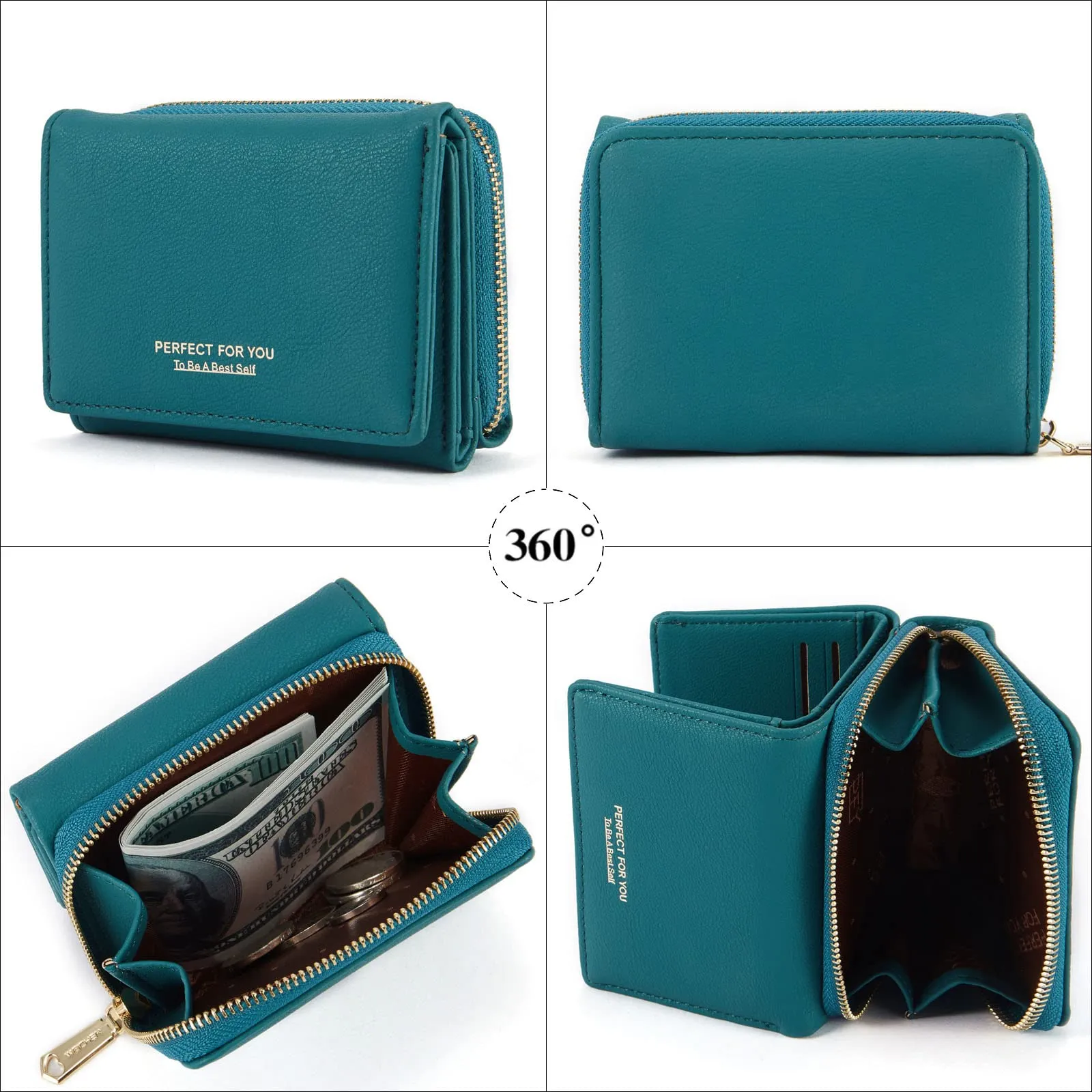 Portafoglio donna piccolo, Borsellino piccolo con grande capacità, Elegante Portamonete donna con con più scomparti per carte di credito Verde marino - immagine 4