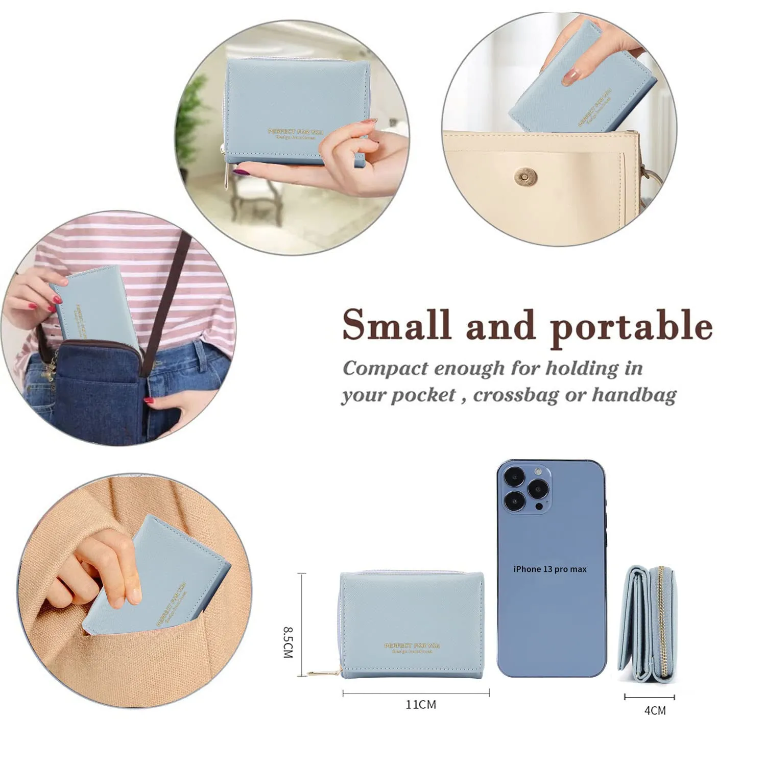 ANYWN Portafogli donna piccolo, Borsellino piccolo con grande capacità, Elegante Portafoglio donna con grande tasca portamonete Azzurro - immagine 4