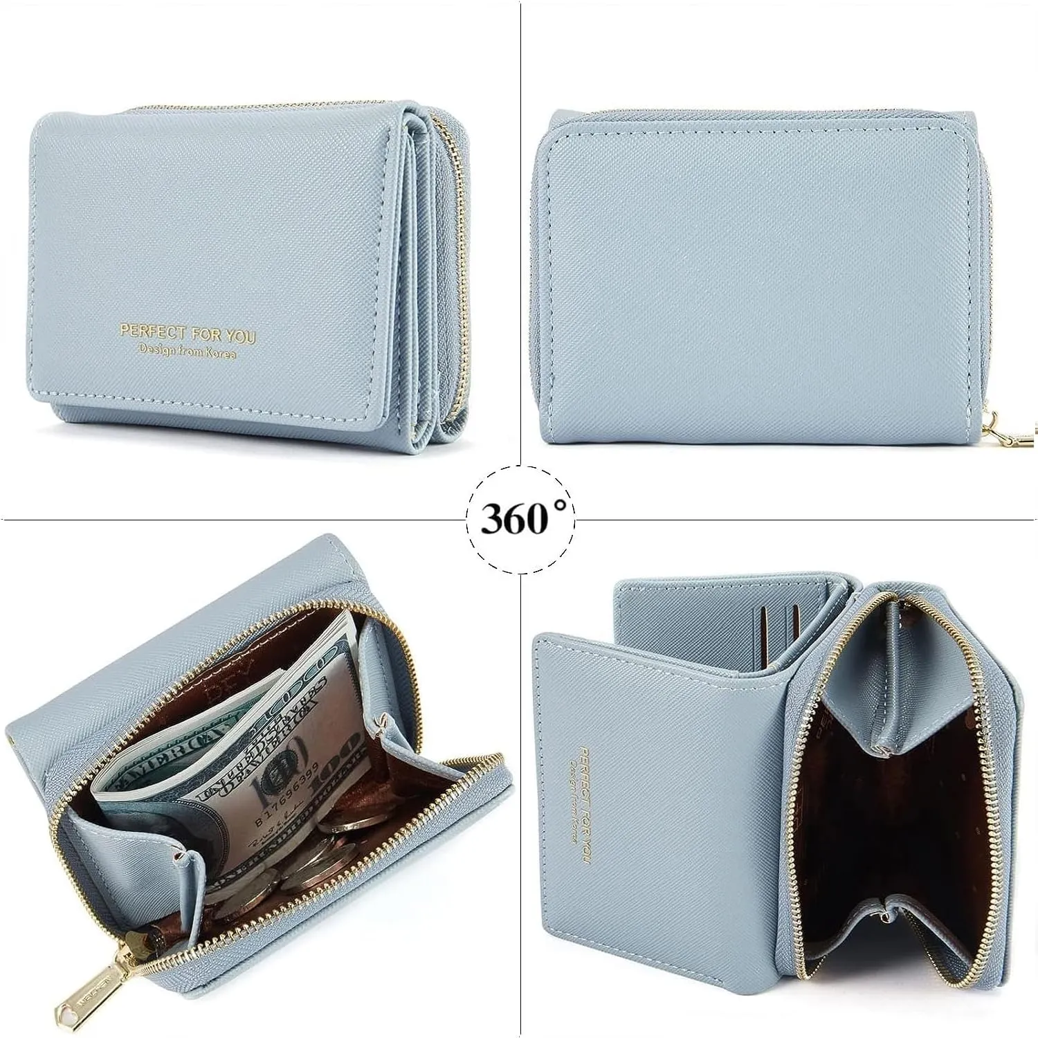 ANYWN Portafogli donna piccolo, Borsellino piccolo con grande capacità, Elegante Portafoglio donna con grande tasca portamonete Azzurro - immagine 5