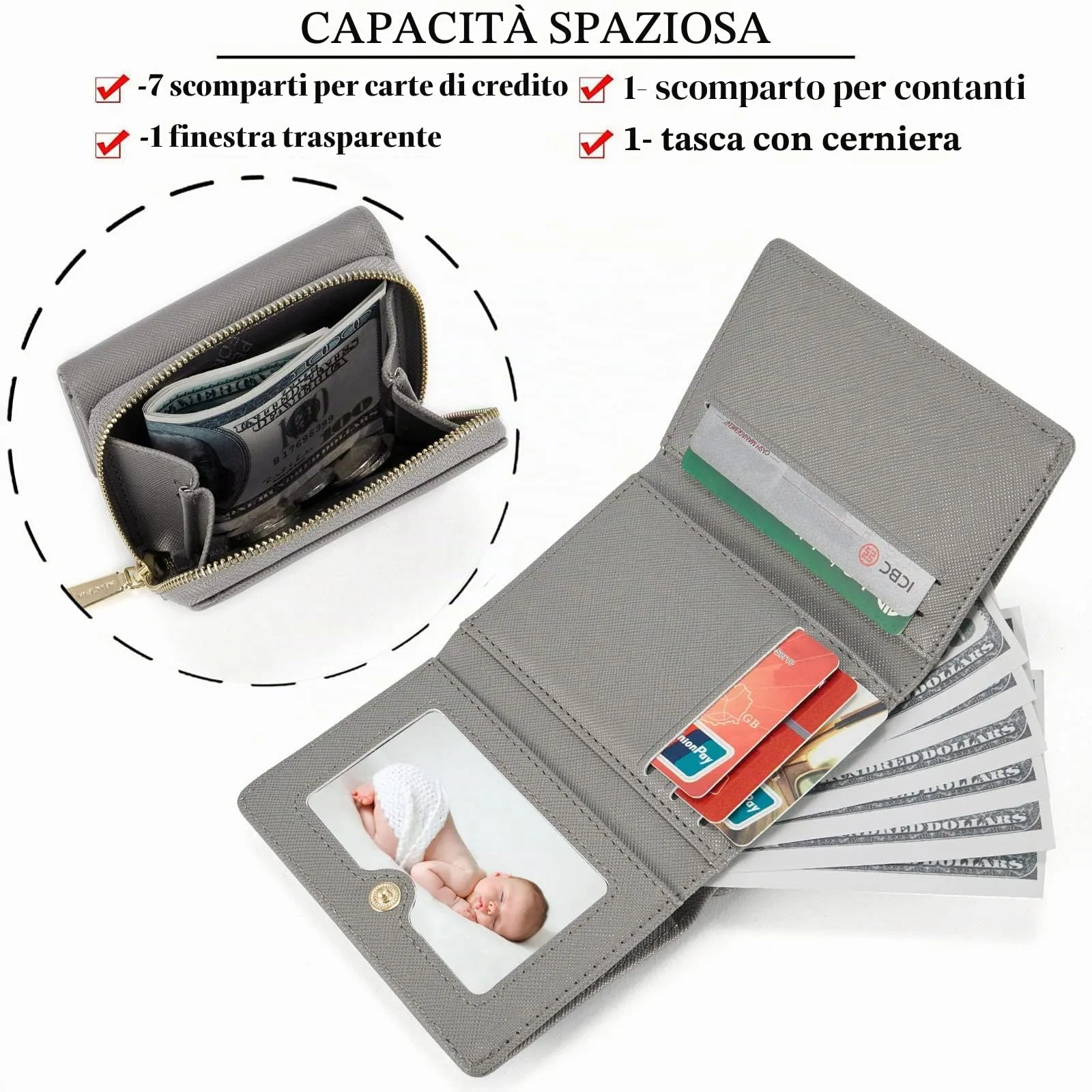 ANYWN Portafogli donna piccolo, Borsellino piccolo con grande capacità, Elegante Portafoglio donna con grande tasca portamonete Grigio scuro - immagine 2