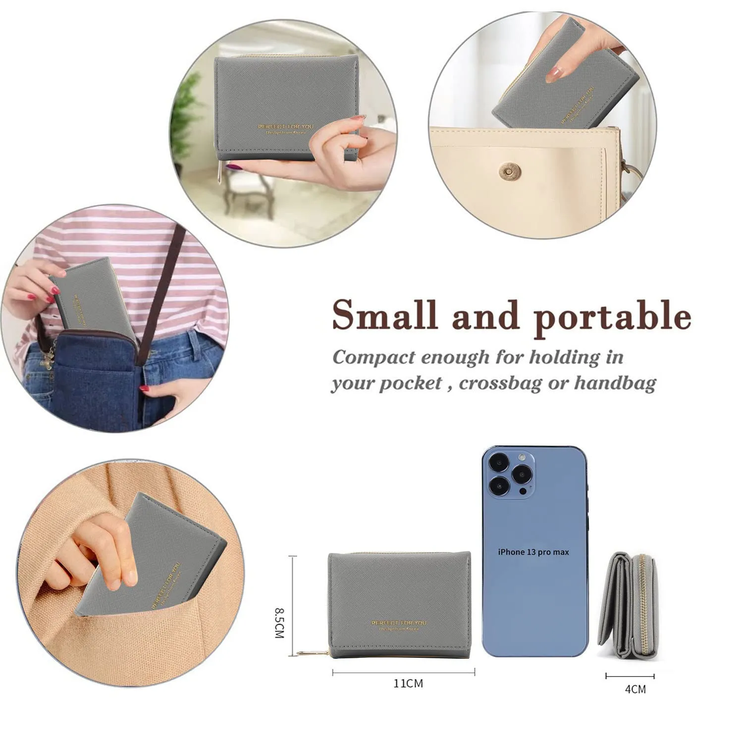 ANYWN Portafogli donna piccolo, Borsellino piccolo con grande capacità, Elegante Portafoglio donna con grande tasca portamonete Grigio scuro - immagine 3
