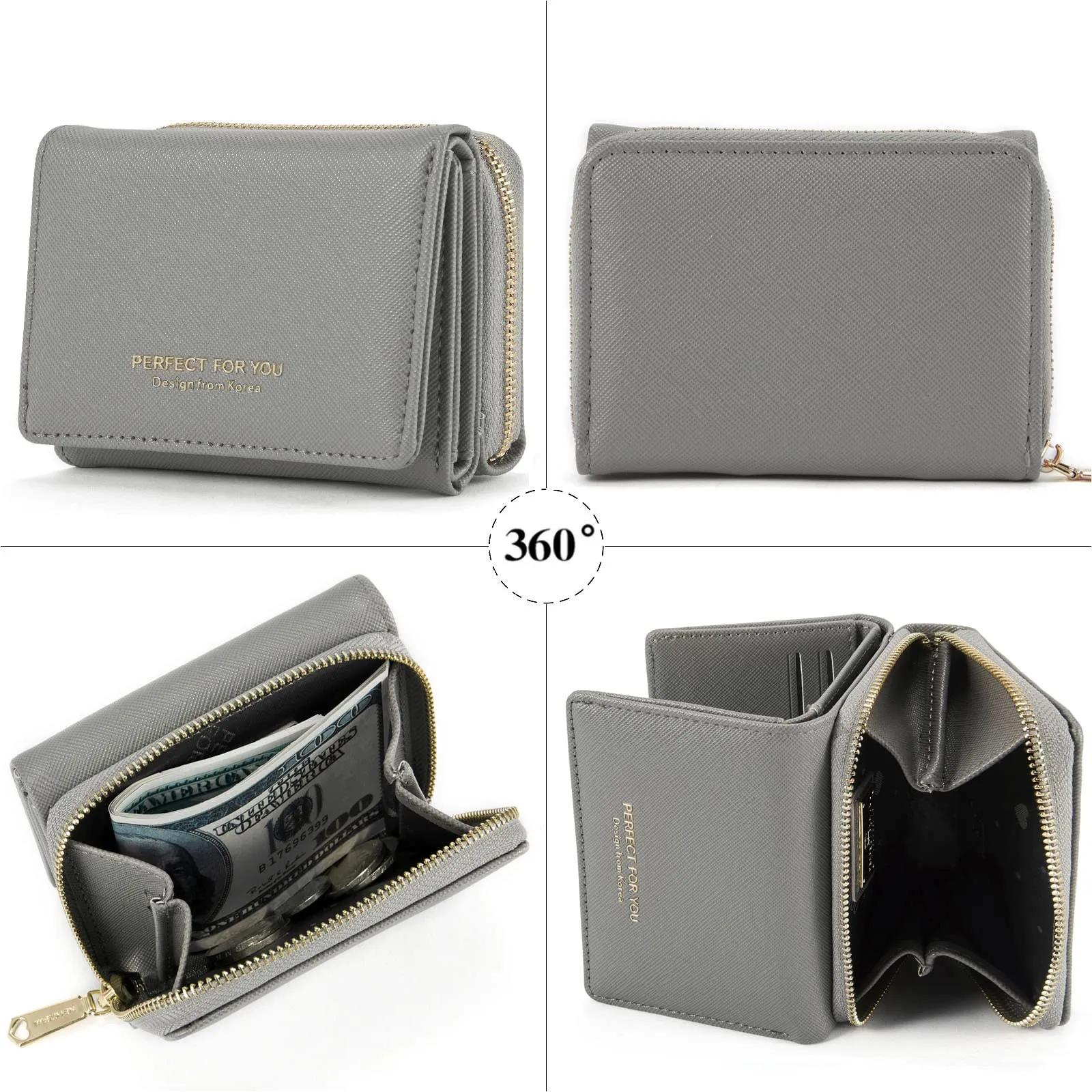 ANYWN Portafogli donna piccolo, Borsellino piccolo con grande capacità, Elegante Portafoglio donna con grande tasca portamonete Grigio scuro - immagine 4