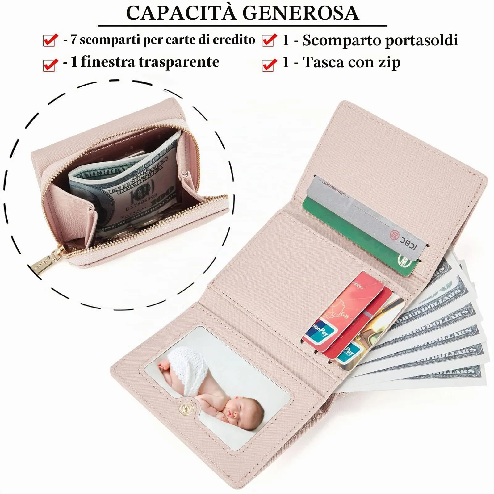 Borsellino da donna, Portafoglio da donna, Portafoglio da donna, Portafoglio da donna con grande capacità, Portafoglio da donna elegante e dolce con grande tasca per monete Rosa chiaro - immagine 2