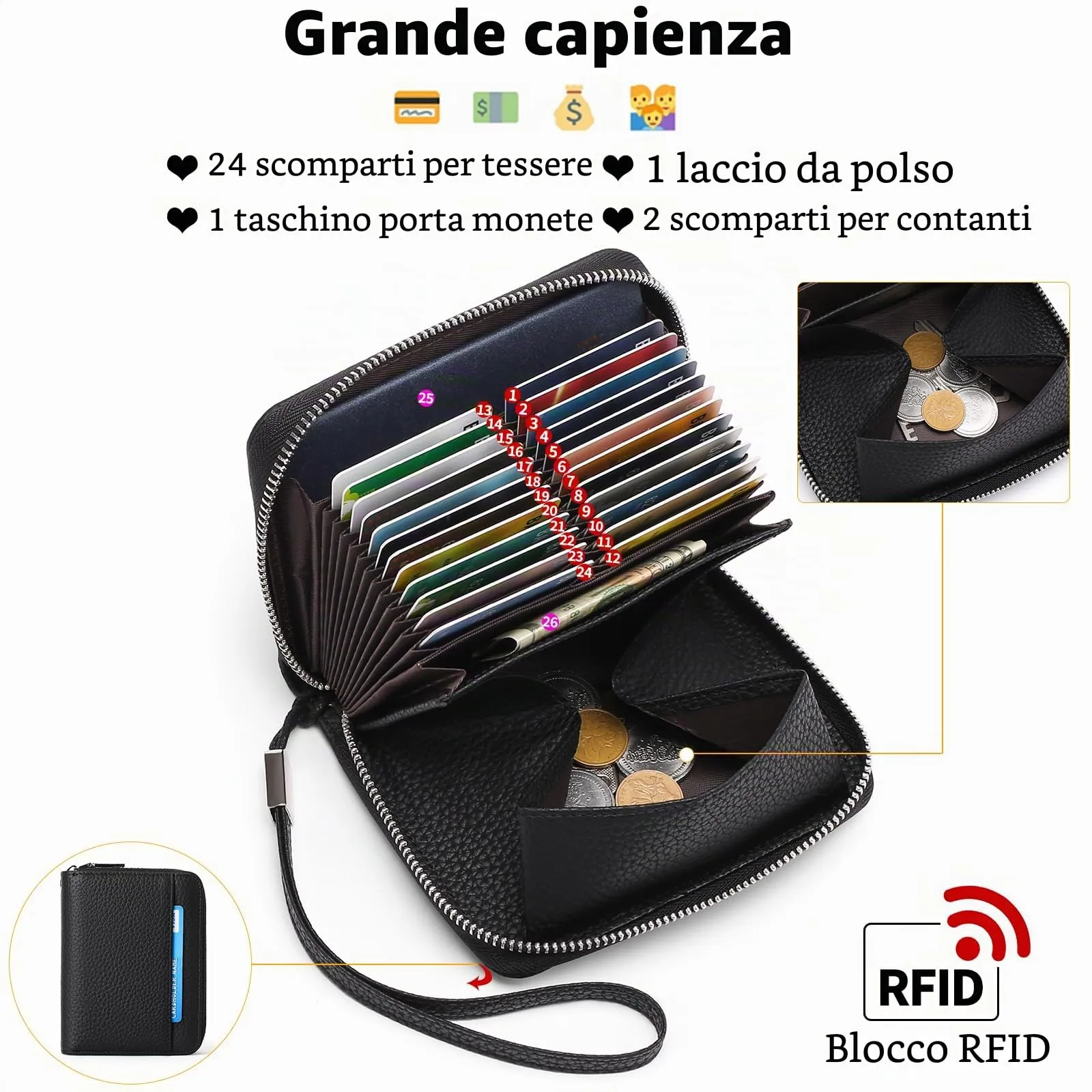 SENDEFN Portafoglio Donna in Pelle Cerniera Portamonete Piccolo Portafogli con Blocco RFID Porta Tessere Porta Carte di Credito Donna con 24 Scomparti per Carte - immagine 2
