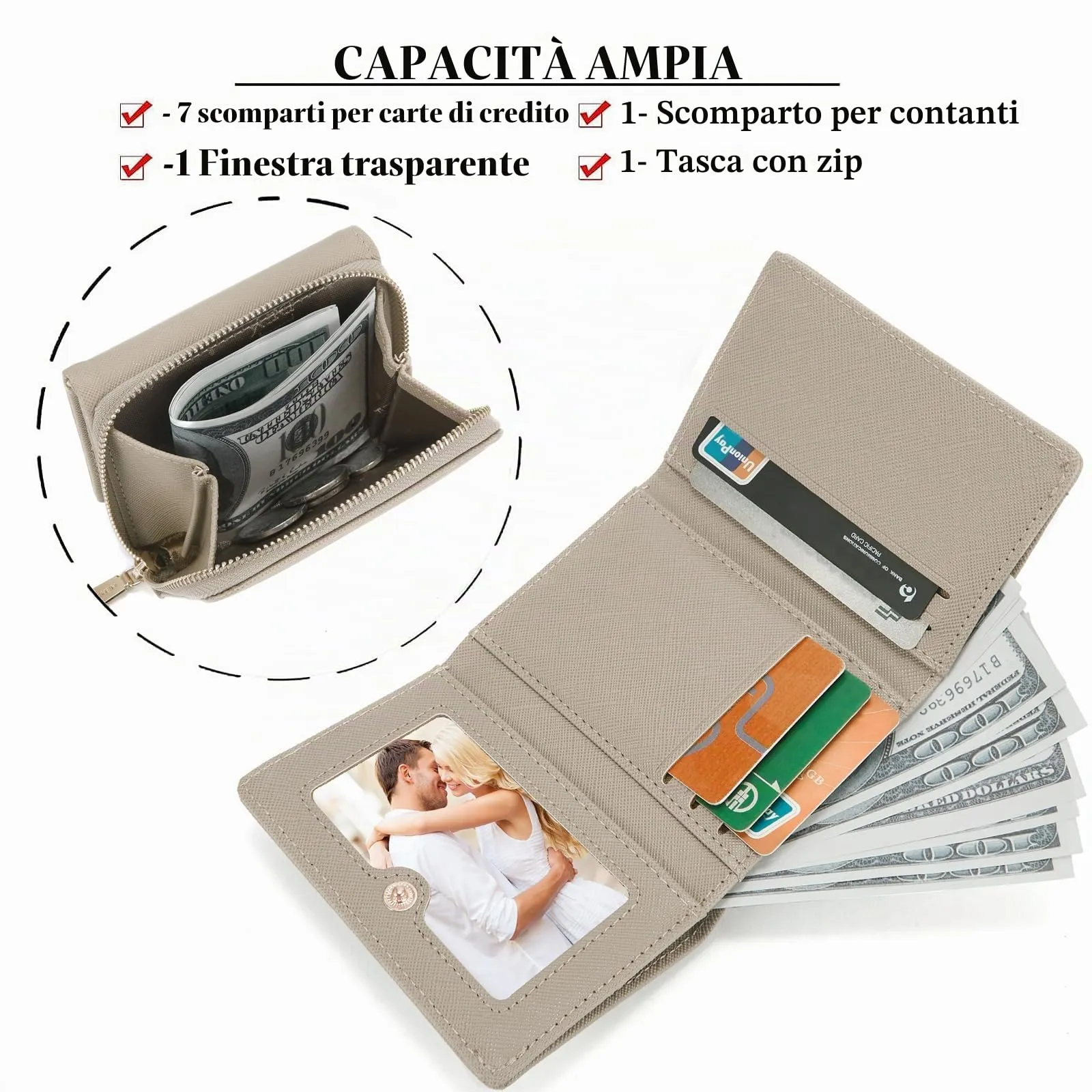 Borsellino da donna, Portafoglio da donna, Portafoglio da donna, Portafoglio da donna con grande capacità, Portafoglio da donna elegante e dolce con grande tasca per monete Cachi - immagine 2