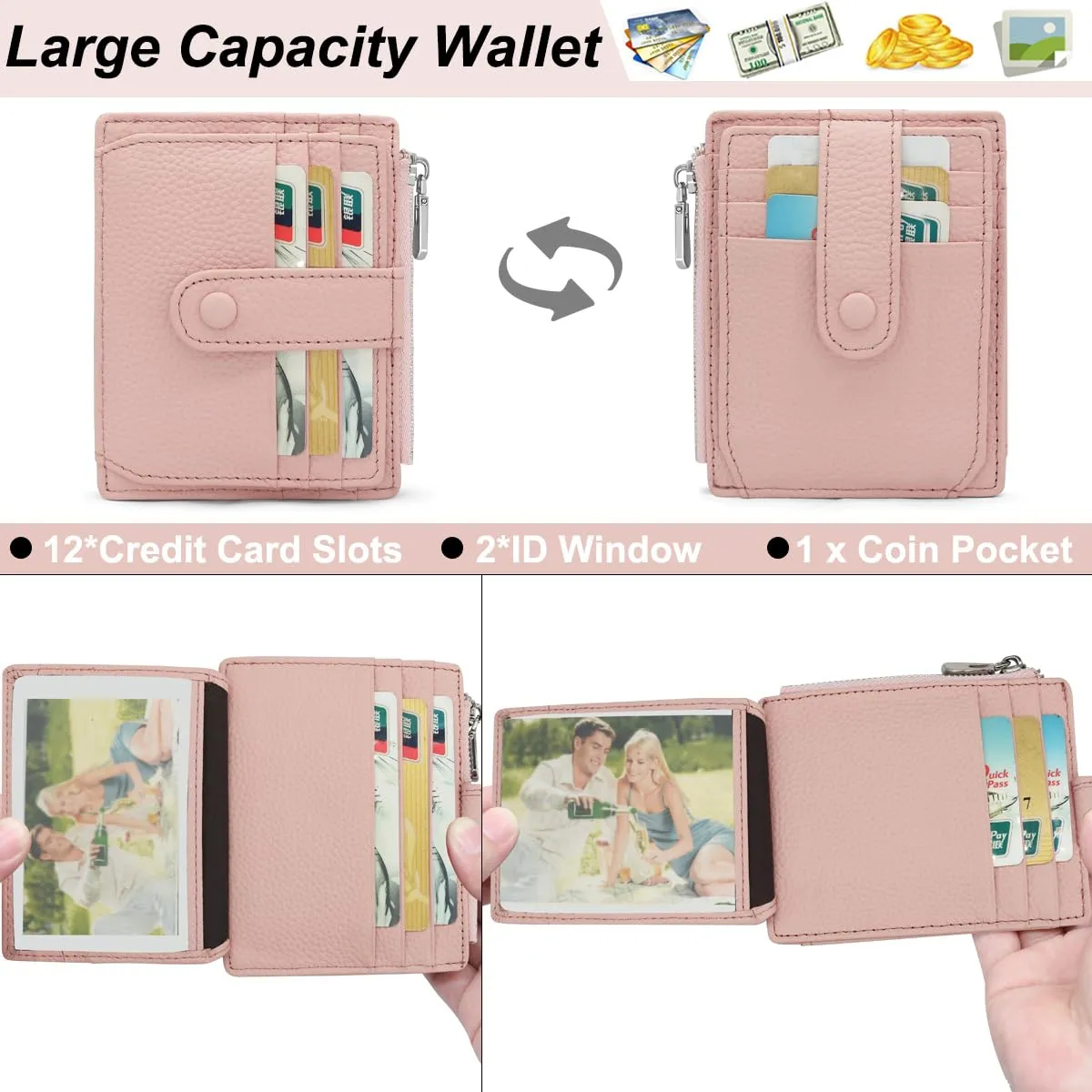 REETEE Porta Carte Credito Uomo e Donna RFID Blocco Portafoglio Sottile con Portamonete Vera Pelle Portacarte di Credito con Cerniera, Portacarte Uomo Slim con 14 Slot per Schede (Rosa) - immagine 2