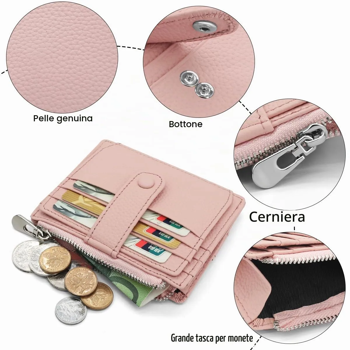 REETEE Porta Carte Credito Uomo e Donna RFID Blocco Portafoglio Sottile con Portamonete Vera Pelle Portacarte di Credito con Cerniera, Portacarte Uomo Slim con 14 Slot per Schede (Rosa) - immagine 3