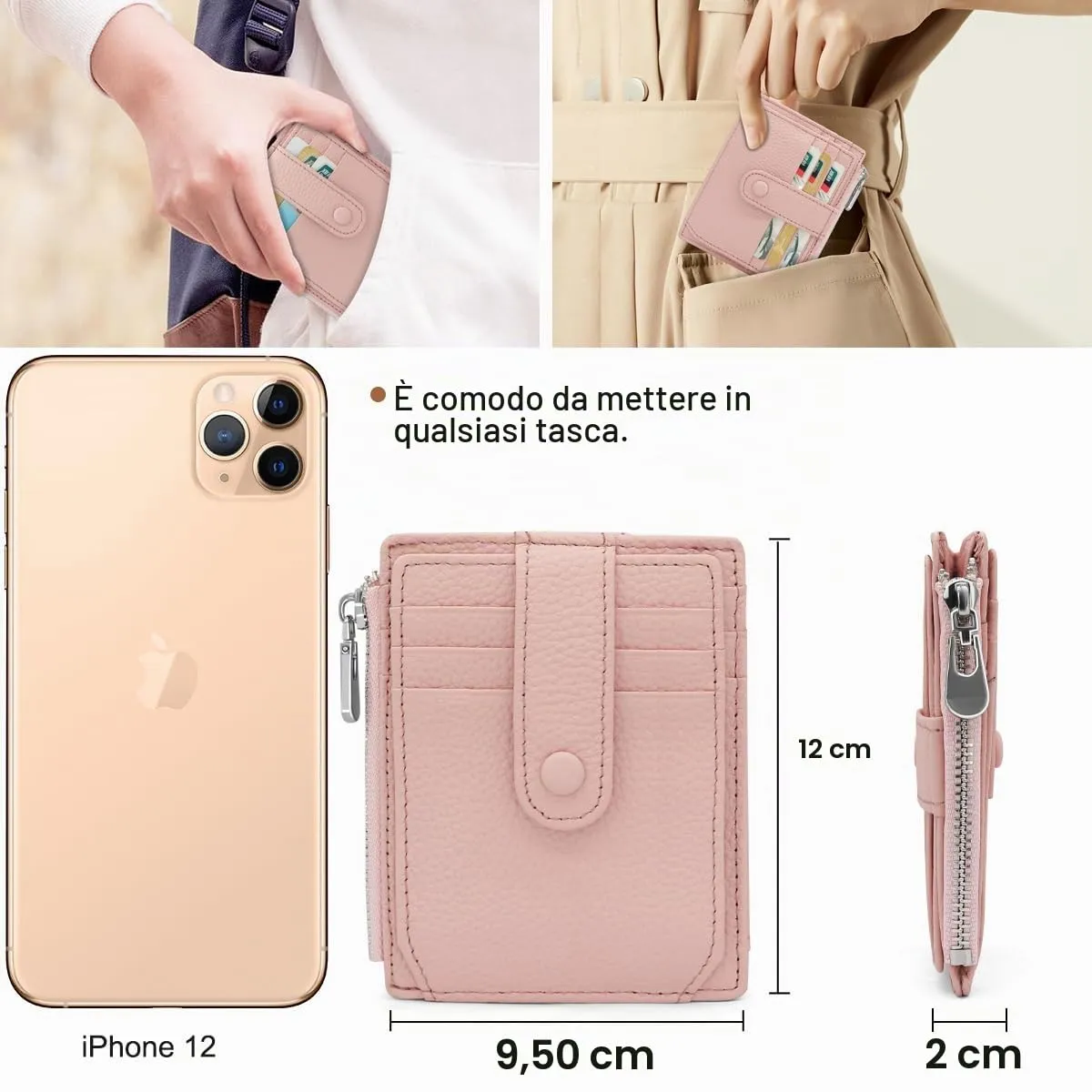 REETEE Porta Carte Credito Uomo e Donna RFID Blocco Portafoglio Sottile con Portamonete Vera Pelle Portacarte di Credito con Cerniera, Portacarte Uomo Slim con 14 Slot per Schede (Rosa) - immagine 5