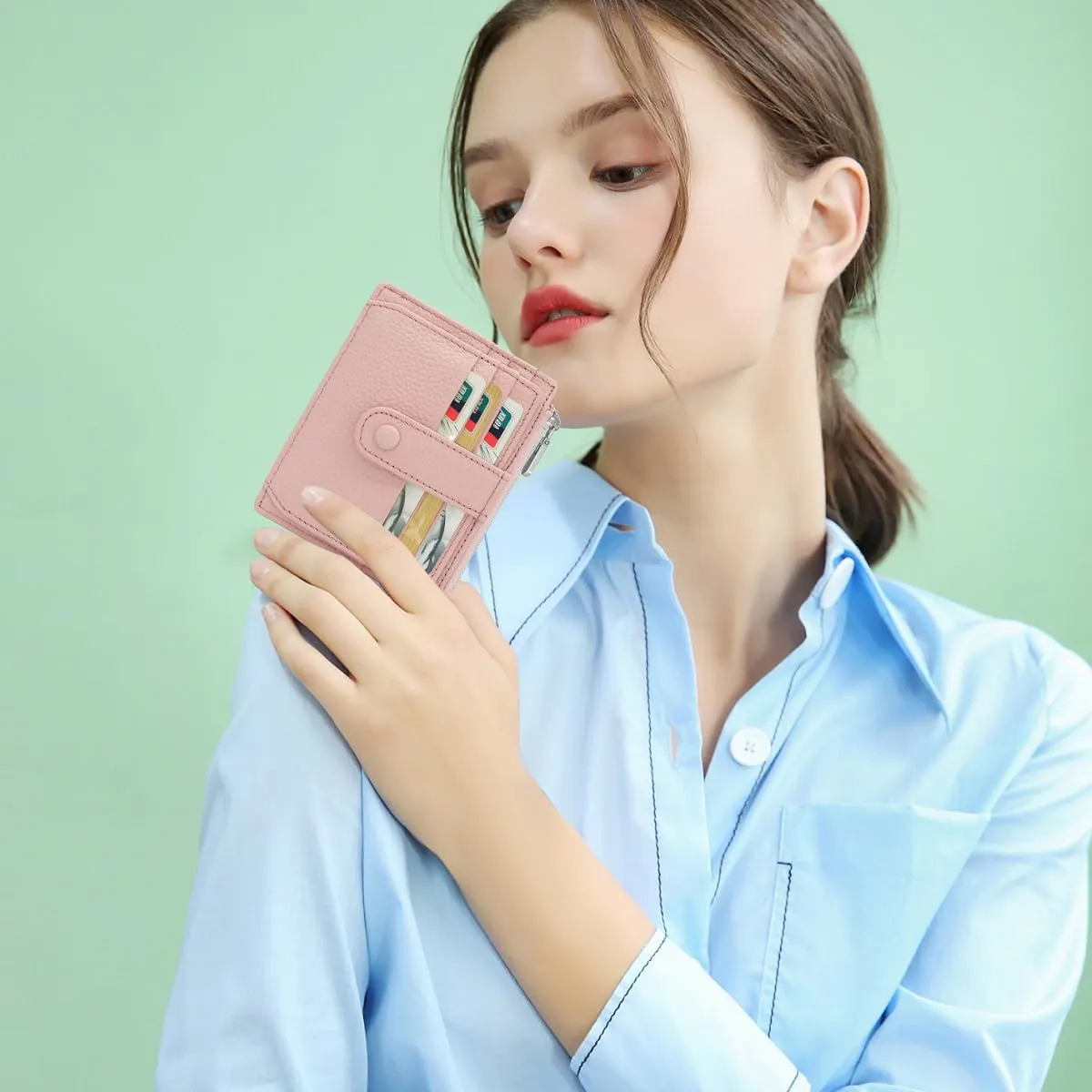 REETEE Porta Carte Credito Uomo e Donna RFID Blocco Portafoglio Sottile con Portamonete Vera Pelle Portacarte di Credito con Cerniera, Portacarte Uomo Slim con 14 Slot per Schede (Rosa) - immagine 6