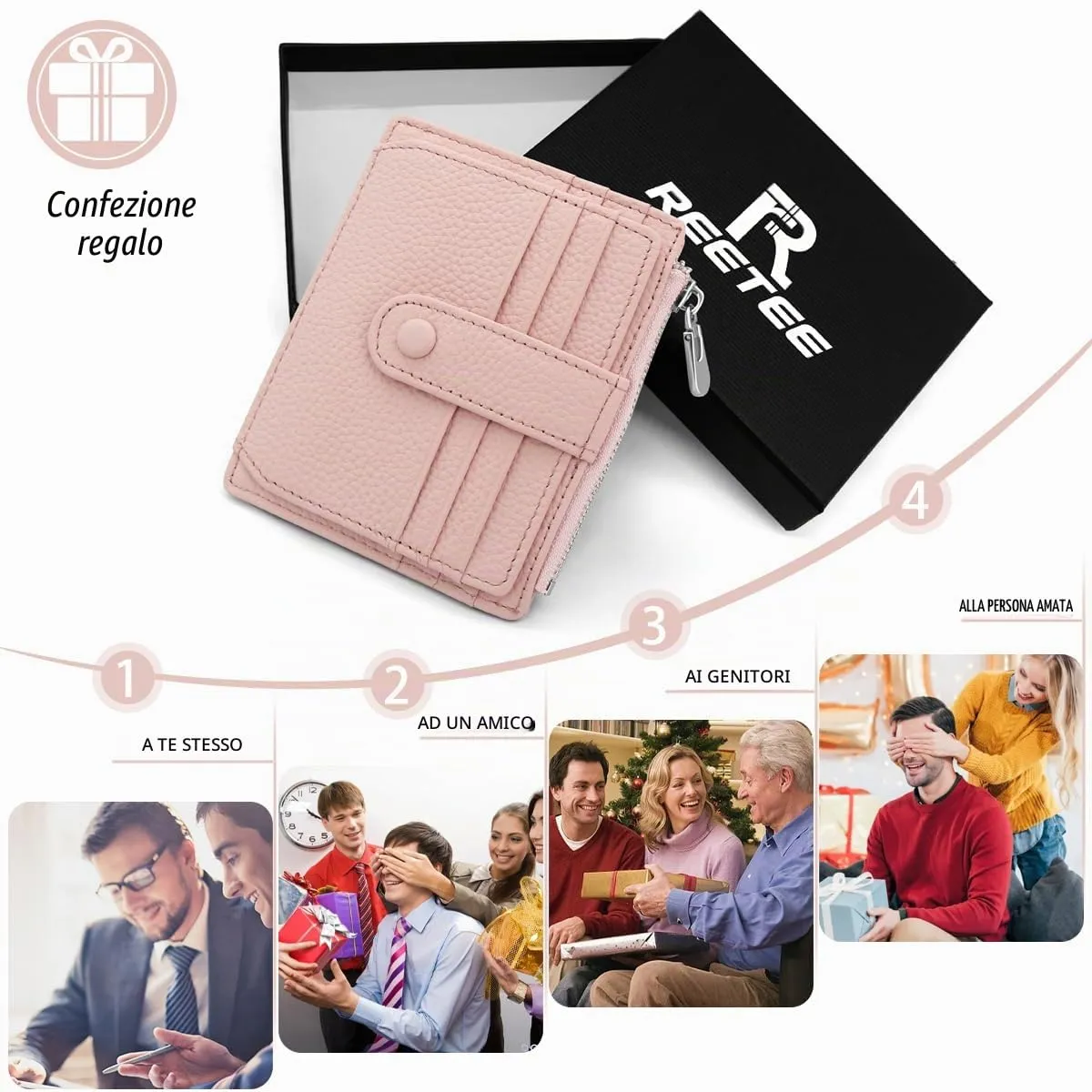 REETEE Porta Carte Credito Uomo e Donna RFID Blocco Portafoglio Sottile con Portamonete Vera Pelle Portacarte di Credito con Cerniera, Portacarte Uomo Slim con 14 Slot per Schede (Rosa) - immagine 7