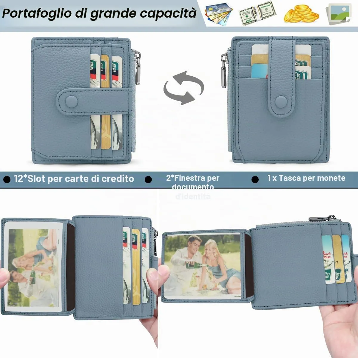 REETEE Porta Carte Credito Uomo e Donna RFID Blocco Portafoglio Sottile con Portamonete Vera Pelle Portacarte di Credito con Cerniera, Portacarte Uomo Slim con 14 Slot per Schede (Azzurro) - immagine 2