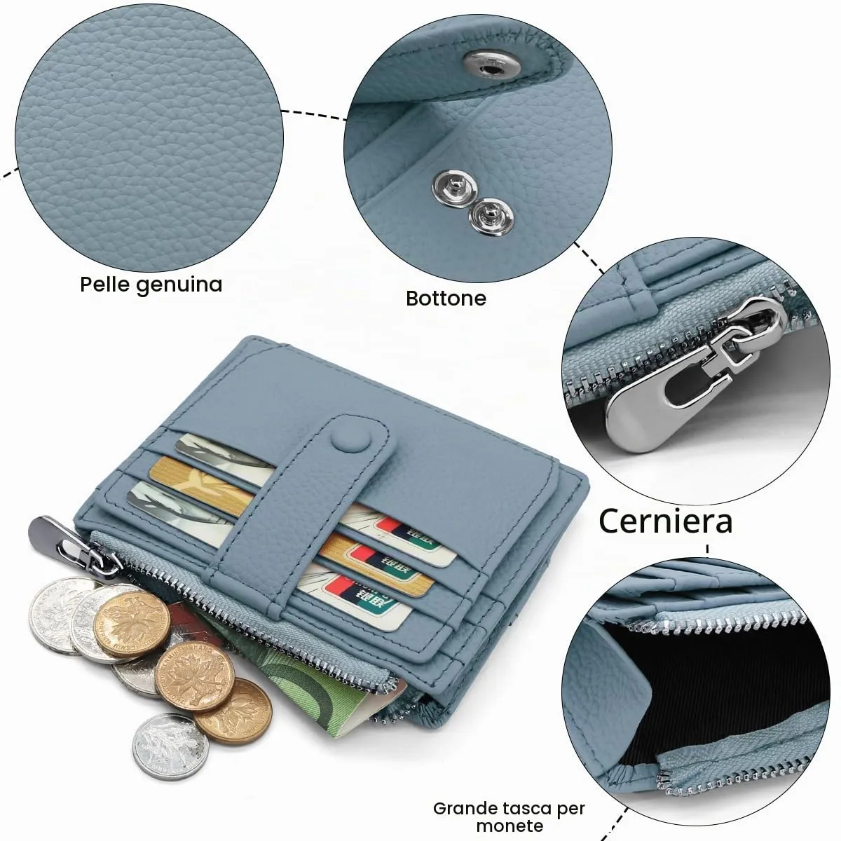 REETEE Porta Carte Credito Uomo e Donna RFID Blocco Portafoglio Sottile con Portamonete Vera Pelle Portacarte di Credito con Cerniera, Portacarte Uomo Slim con 14 Slot per Schede (Azzurro) - immagine 3