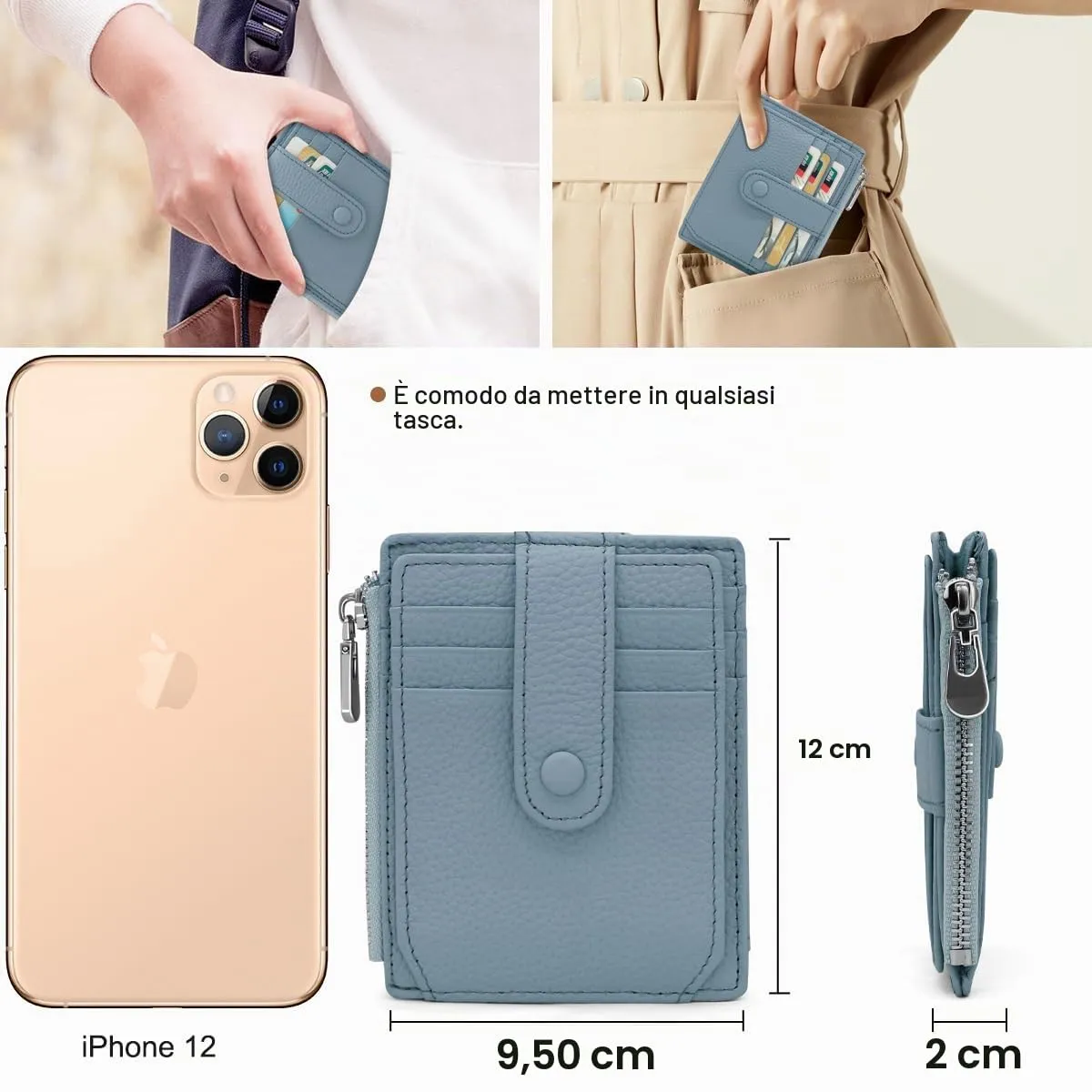 REETEE Porta Carte Credito Uomo e Donna RFID Blocco Portafoglio Sottile con Portamonete Vera Pelle Portacarte di Credito con Cerniera, Portacarte Uomo Slim con 14 Slot per Schede (Azzurro) - immagine 5
