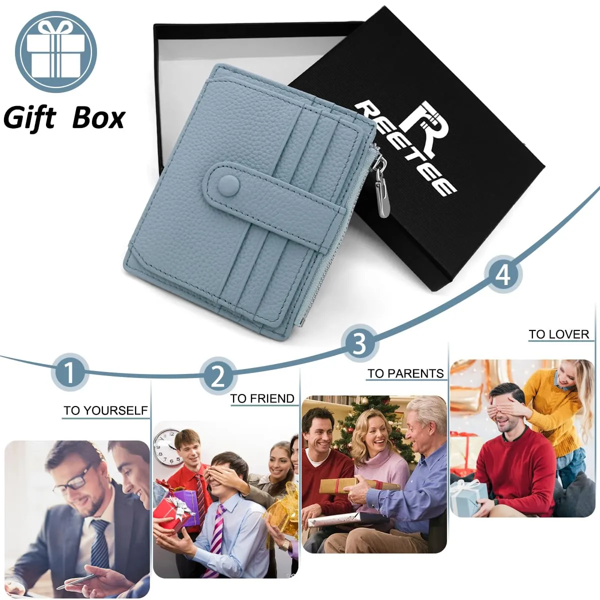REETEE Porta Carte Credito Uomo e Donna RFID Blocco Portafoglio Sottile con Portamonete Vera Pelle Portacarte di Credito con Cerniera, Portacarte Uomo Slim con 14 Slot per Schede (Azzurro) - immagine 7