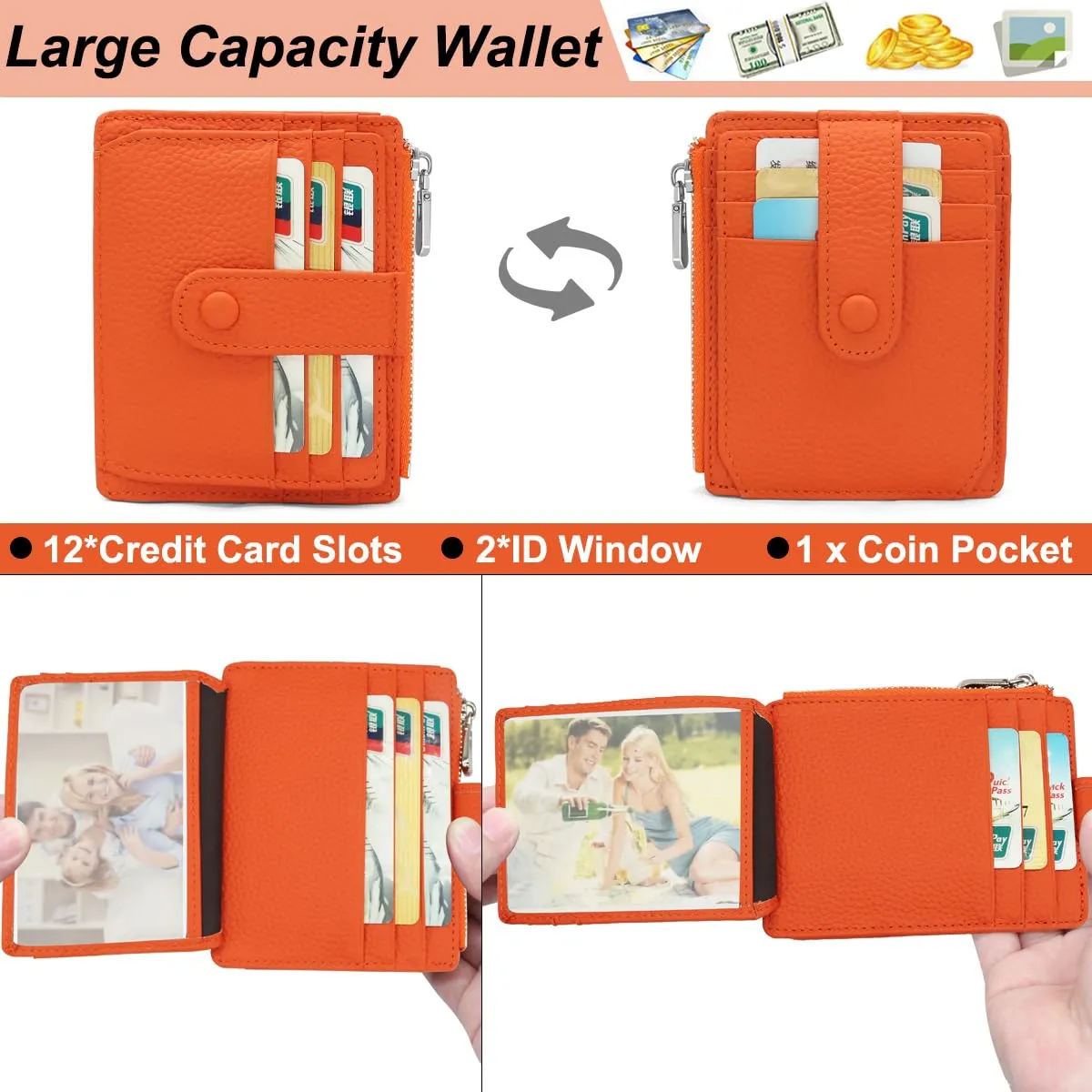 REETEE Porta Carte Credito Uomo e Donna RFID Blocco Portafoglio Sottile con Portamonete Vera Pelle Portacarte di Credito con Cerniera, Portacarte Uomo Slim con 14 Slot per Schede (arancione) - immagine 2