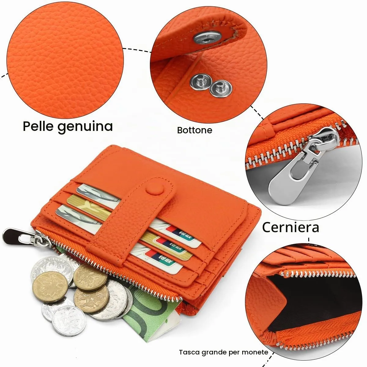 REETEE Porta Carte Credito Uomo e Donna RFID Blocco Portafoglio Sottile con Portamonete Vera Pelle Portacarte di Credito con Cerniera, Portacarte Uomo Slim con 14 Slot per Schede (arancione) - immagine 3