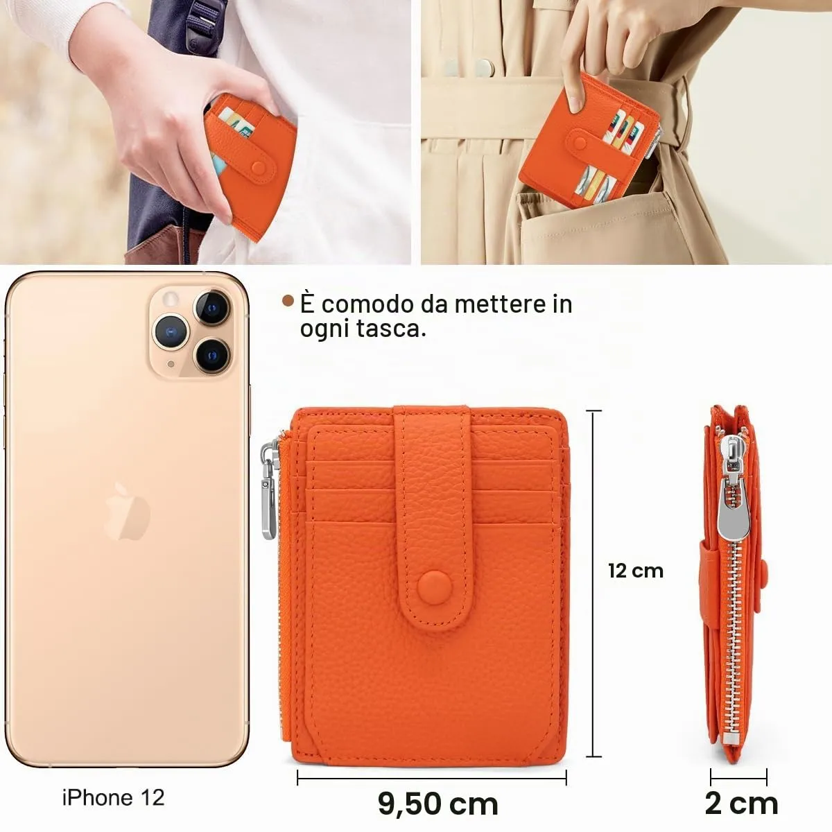 REETEE Porta Carte Credito Uomo e Donna RFID Blocco Portafoglio Sottile con Portamonete Vera Pelle Portacarte di Credito con Cerniera, Portacarte Uomo Slim con 14 Slot per Schede (arancione) - immagine 5