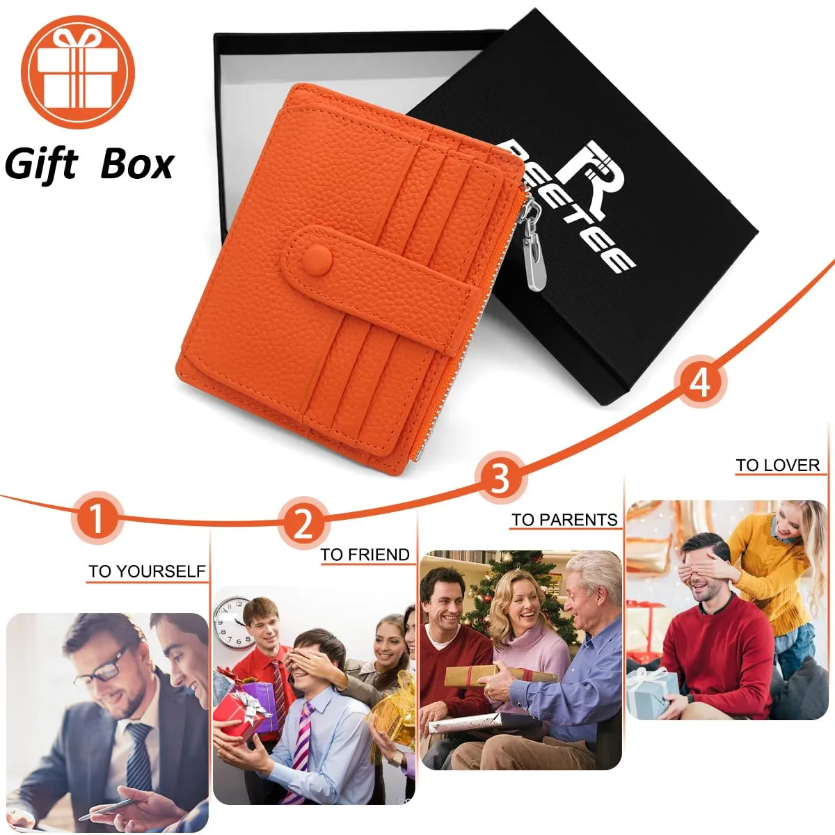 REETEE Porta Carte Credito Uomo e Donna RFID Blocco Portafoglio Sottile con Portamonete Vera Pelle Portacarte di Credito con Cerniera, Portacarte Uomo Slim con 14 Slot per Schede (arancione) - immagine 7