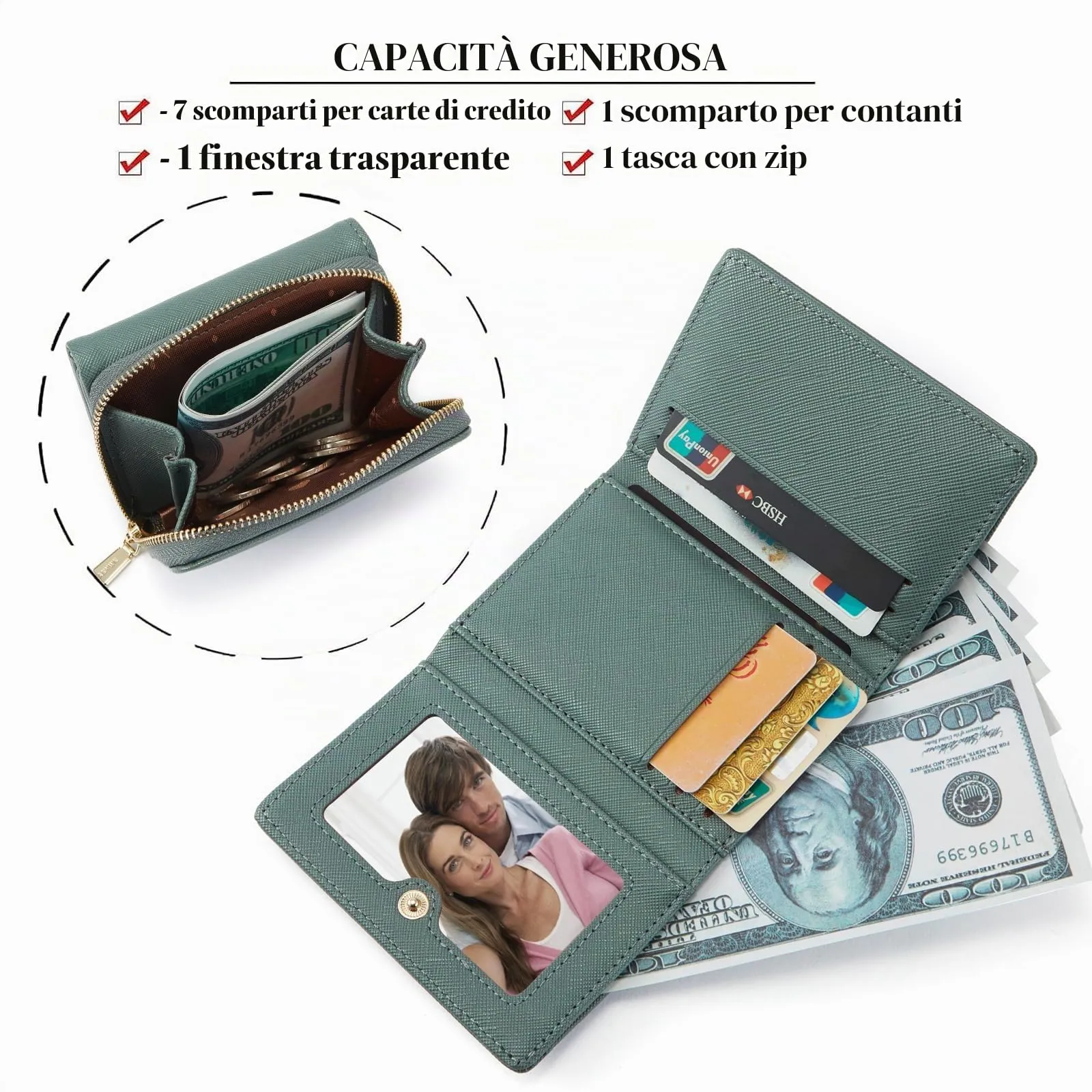ANYWN Portafogli donna piccolo, Borsellino piccolo con grande capacità, Elegante Portafoglio donna con grande tasca portamonete Blu grigio - immagine 2