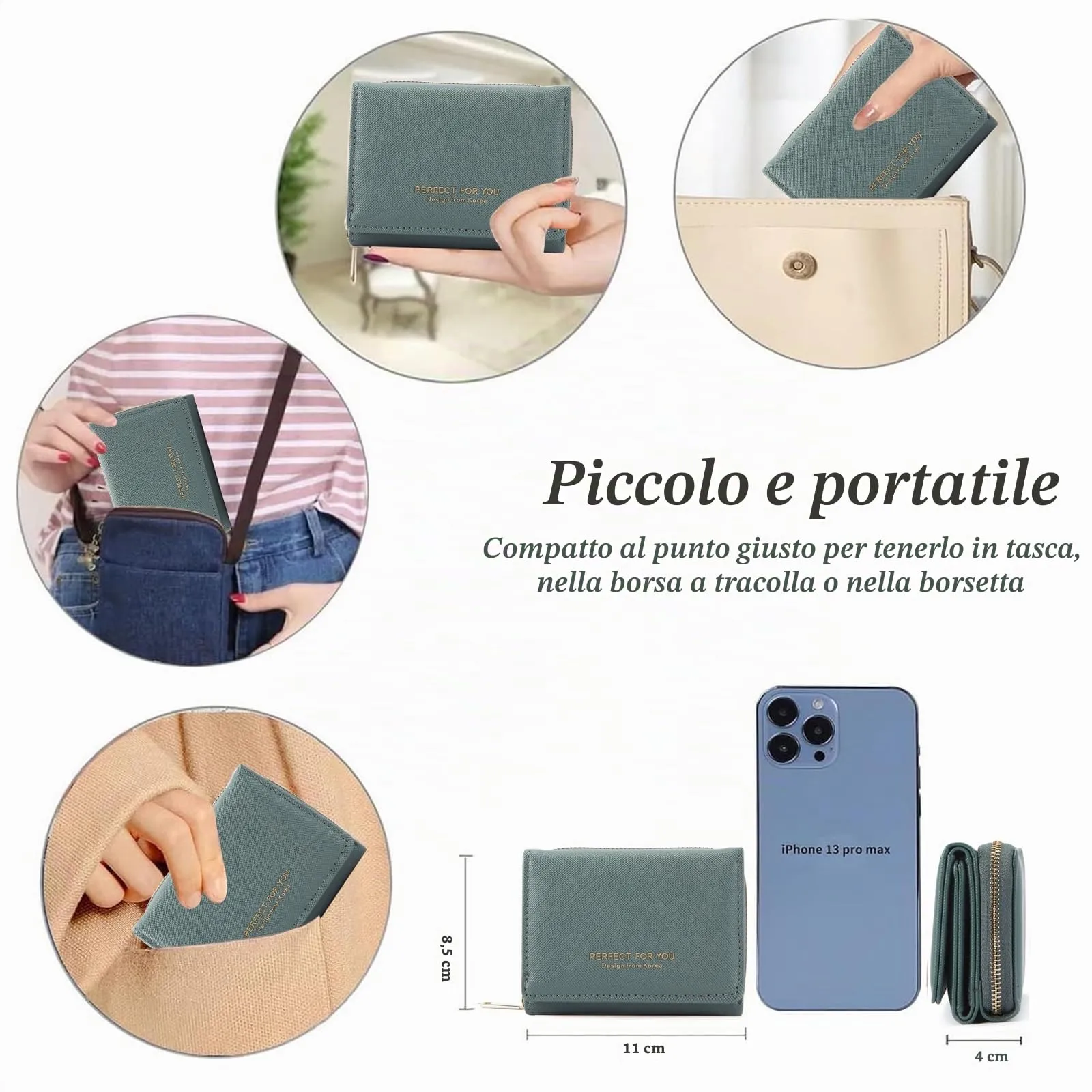ANYWN Portafogli donna piccolo, Borsellino piccolo con grande capacità, Elegante Portafoglio donna con grande tasca portamonete Blu grigio - immagine 3