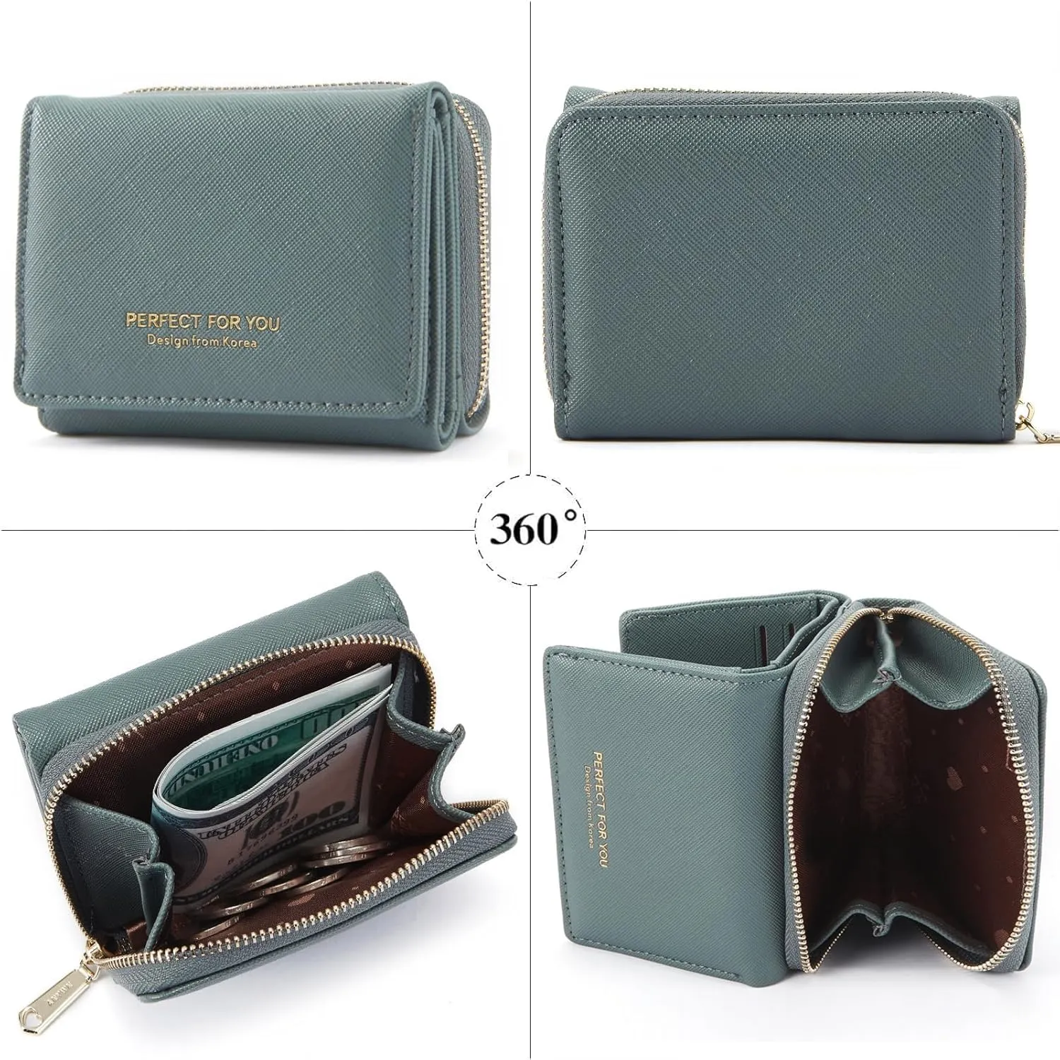 ANYWN Portafogli donna piccolo, Borsellino piccolo con grande capacità, Elegante Portafoglio donna con grande tasca portamonete Blu grigio - immagine 4