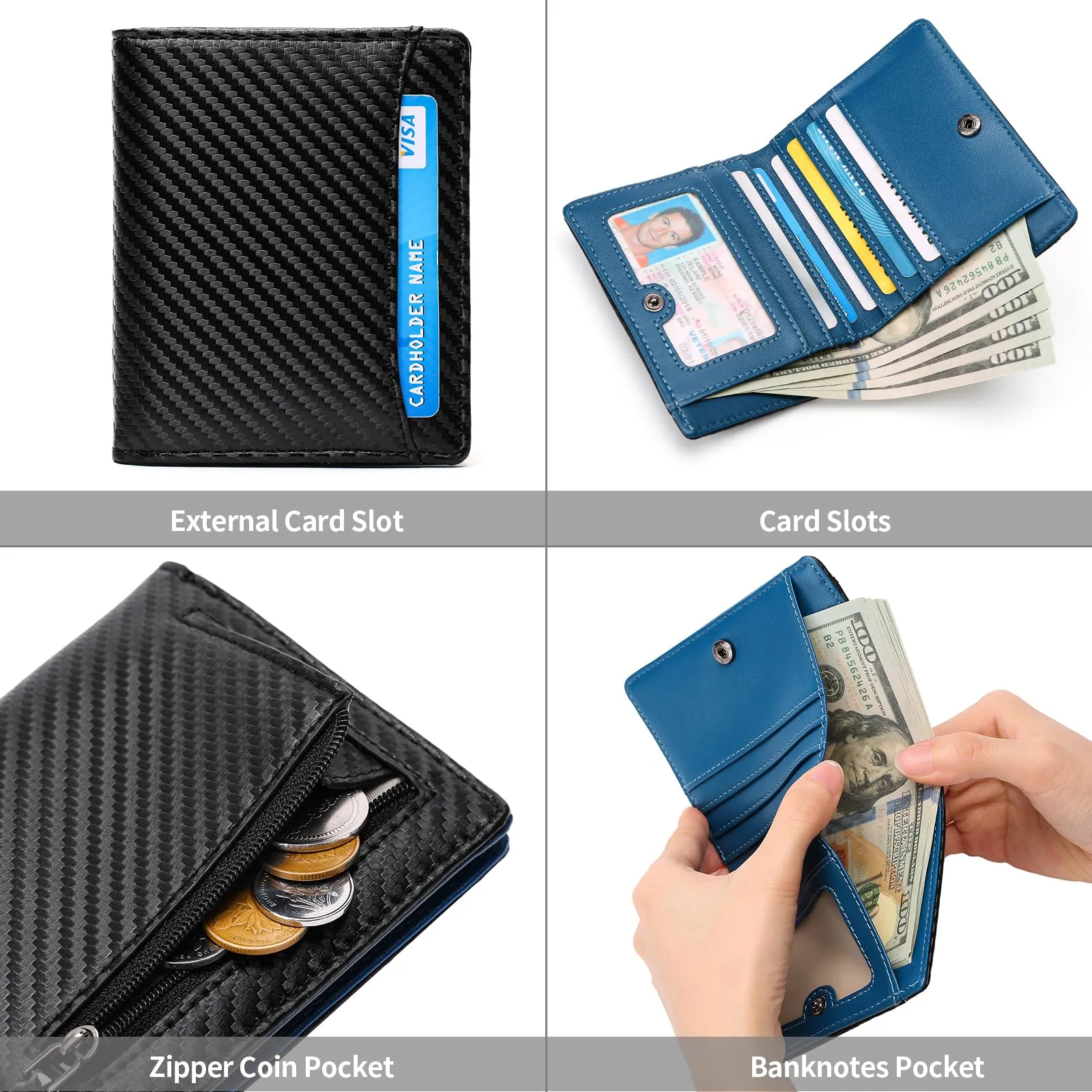 GAEKEAO Portafoglio da Uomo Sottile a Doppia Funzione con Blocco RFID, Porta Carte di Credito in Vera Pelle, Minimalista, con Tasca Frontale e Cerniera per Portamonete, 3.78 x 0.6 x 4.61 inches - immagine 2