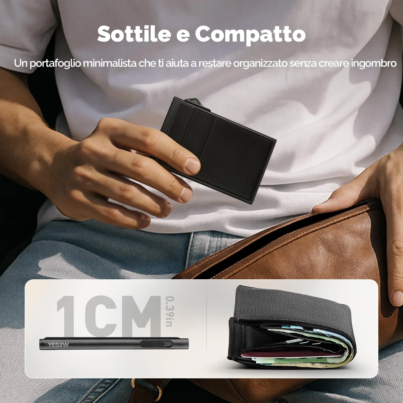 YESIIW Porta carte Uomo Slim Donna - Portafoglio Porta Carte Di Credito Protezione RFID - Portacarte Mini Portatessere tascabile smart schermato | Portamonete Box Regalo (Nero) - immagine 2