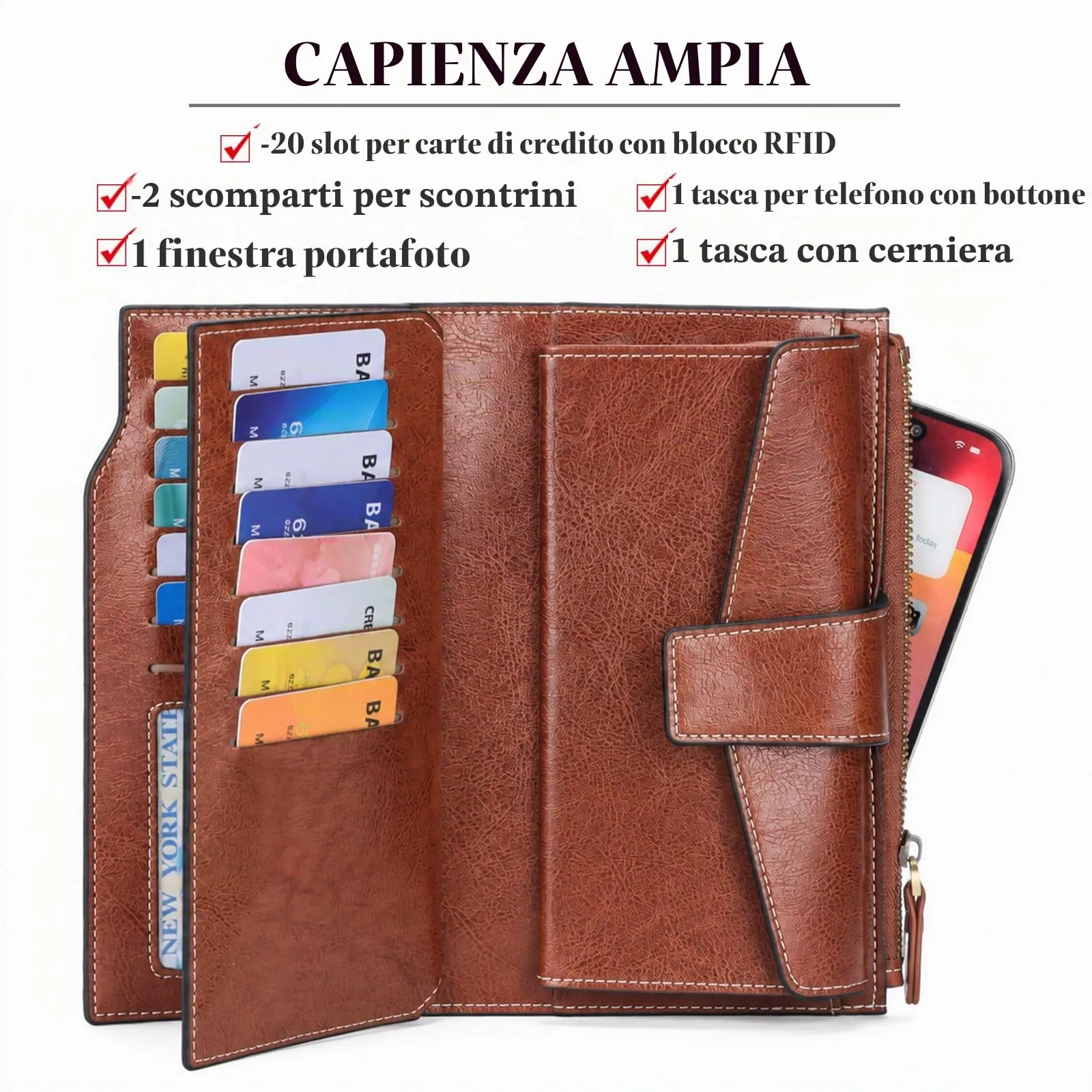 SENDEFN Portafoglio Donna Grande Capacità Pelle RFID Portamonete Donna,con 20 Titolari di Carta Cerniera Portafoglio - immagine 2