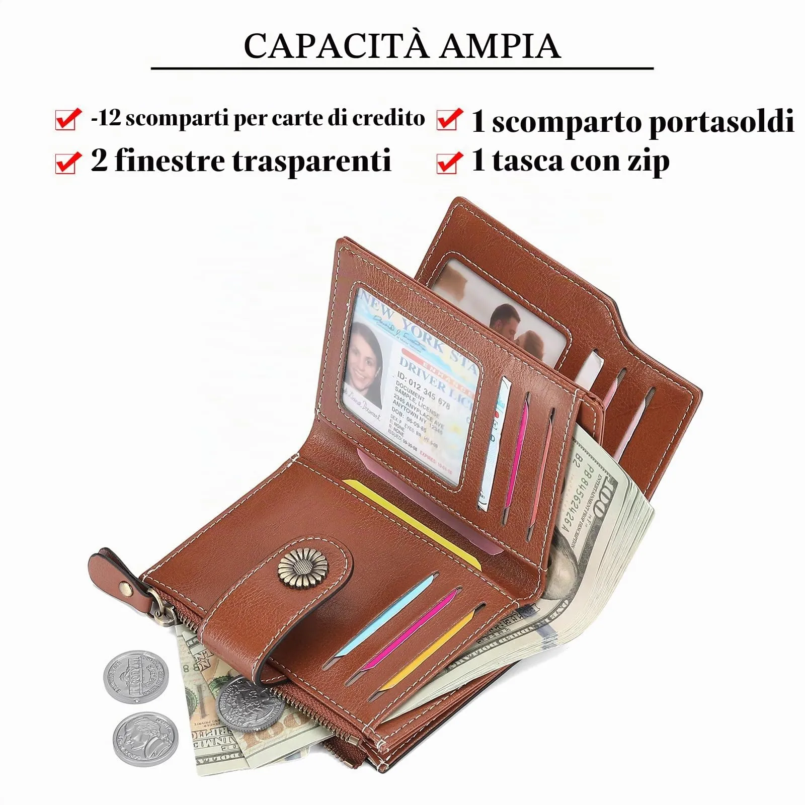 SENDEFN Portafoglio Donna Pelle con Bloccaggio RFID Piccolo Portamonete Donna, 10 Scomparti per Carte con 2 Finestra di Identificazione e 1 Tasca con Cerniera - immagine 2