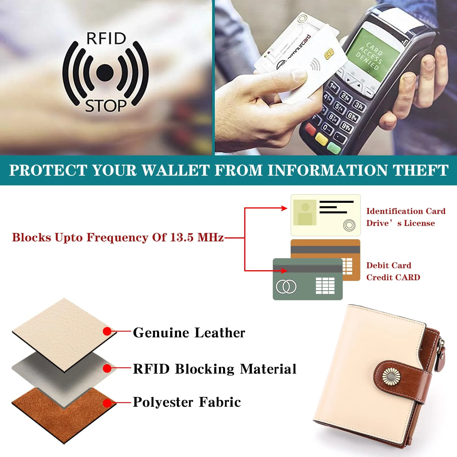 SENDEFN Portafoglio Donna Pelle con Bloccaggio RFID Piccolo Portamonete Donna, 10 Scomparti per Carte con 2 Finestra di Identificazione e 1 Tasca con Cerniera - immagine 5