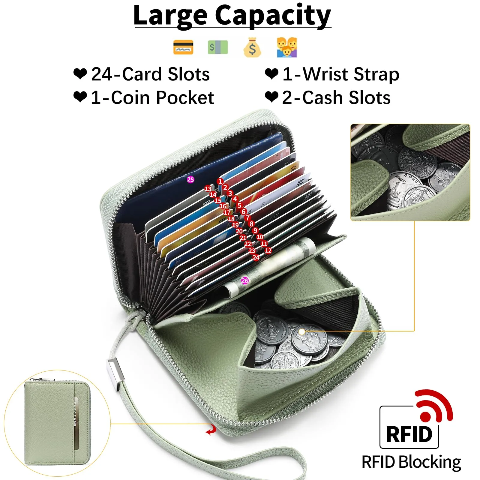 SENDEFN Portafoglio Donna in Pelle Cerniera Portamonete Piccolo Portafogli con Blocco RFID Porta Tessere Porta Carte di Credito Donna con 24 Scomparti per Carte - immagine 3