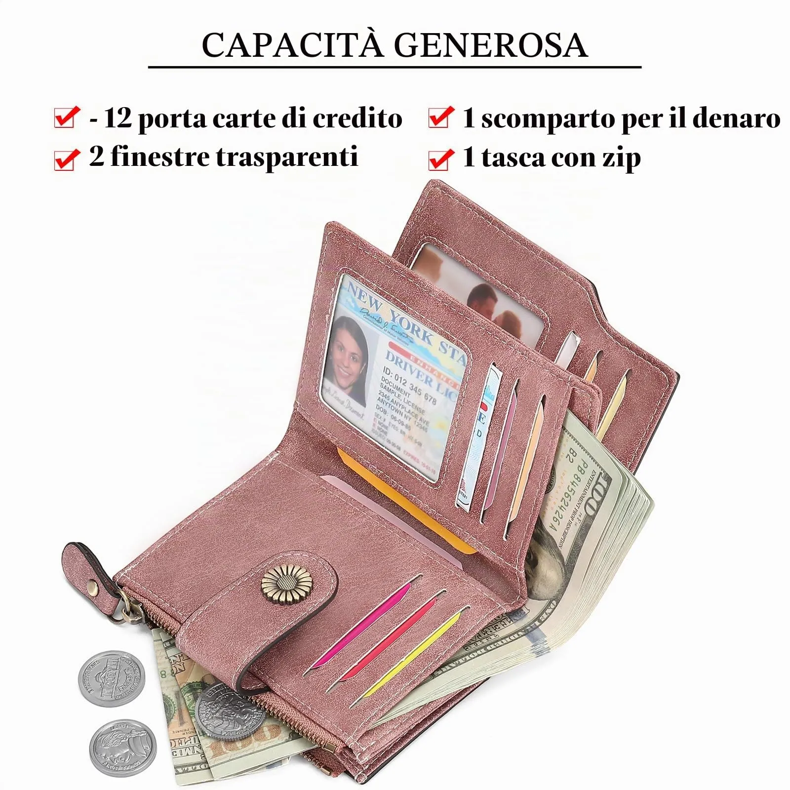SENDEFN Portafoglio Donna Pelle con Bloccaggio RFID Piccolo Portamonete Donna, 10 Scomparti per Carte con 2 Finestra di Identificazione e 1 Tasca con Cerniera - immagine 2