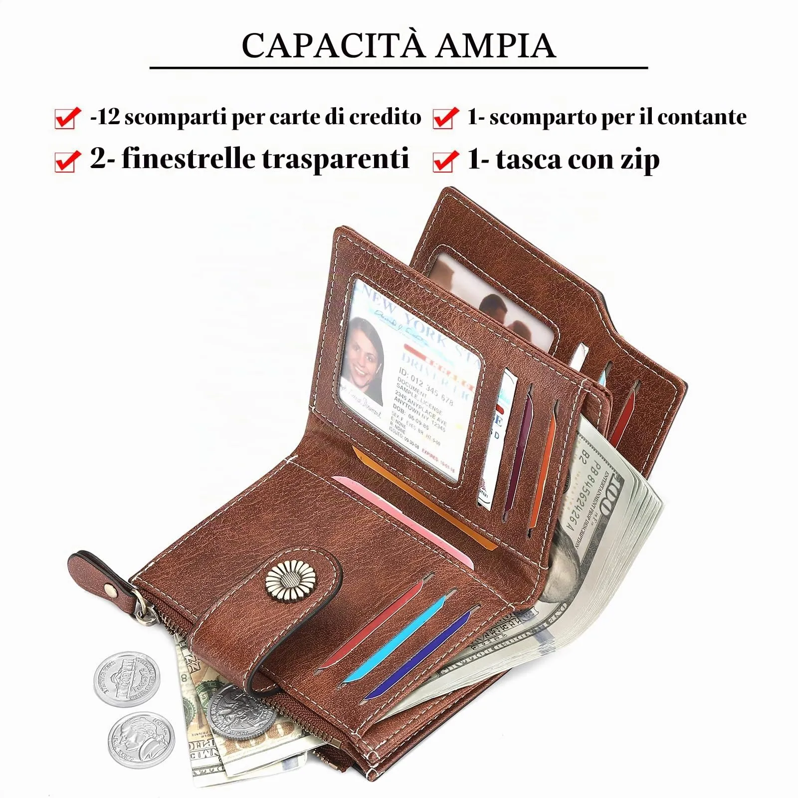SENDEFN Portafoglio Donna Pelle con Bloccaggio RFID Piccolo Portamonete Donna, 10 Scomparti per Carte con 2 Finestra di Identificazione e 1 Tasca con Cerniera - immagine 2