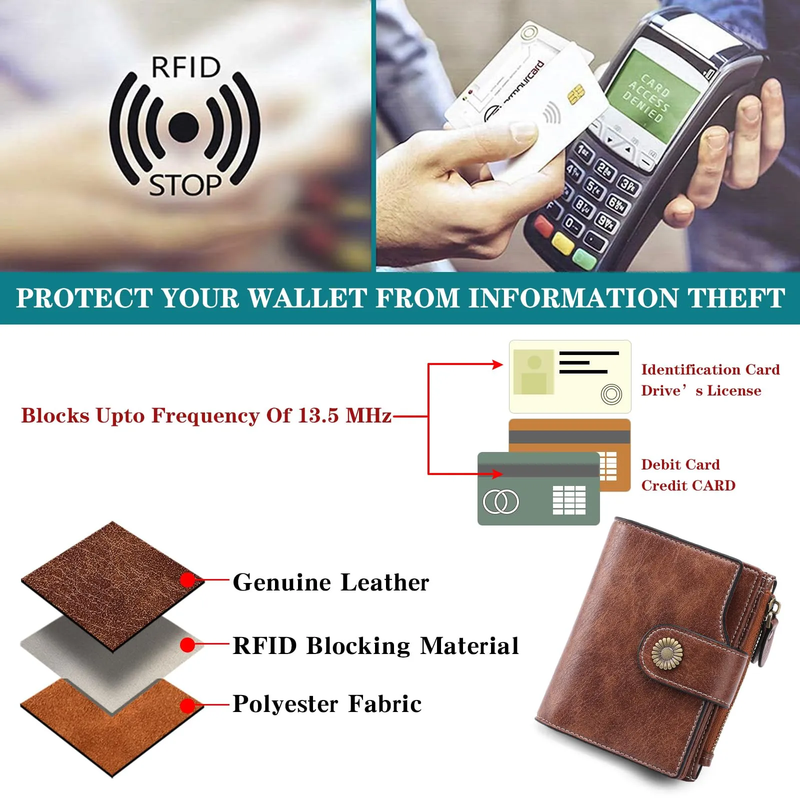 SENDEFN Portafoglio Donna Pelle con Bloccaggio RFID Piccolo Portamonete Donna, 10 Scomparti per Carte con 2 Finestra di Identificazione e 1 Tasca con Cerniera - immagine 5