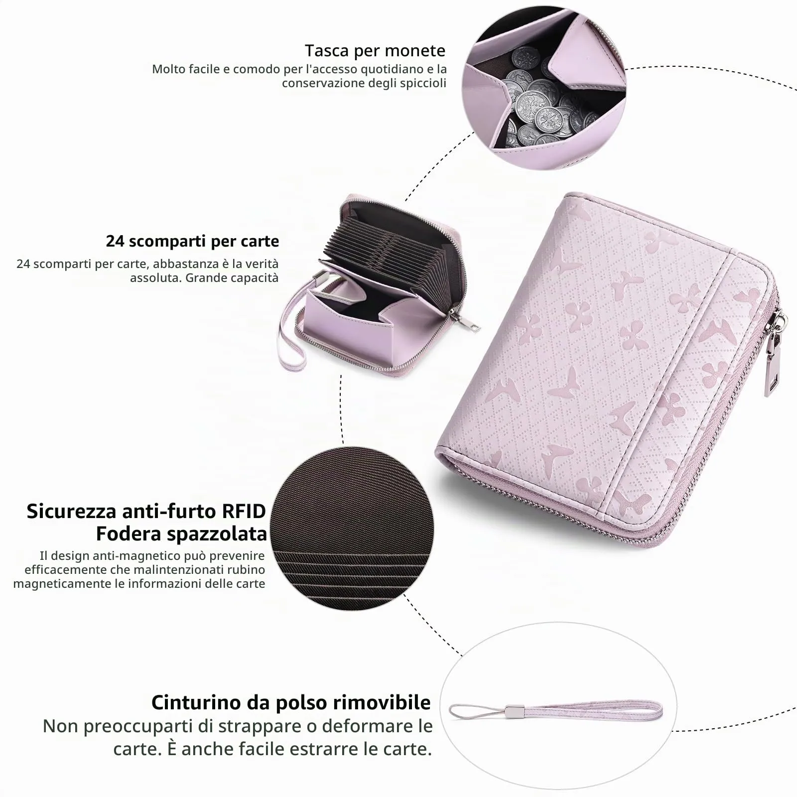 SENDEFN Portafoglio Donna in Pelle Cerniera Portamonete Piccolo Portafogli con Blocco RFID Porta Tessere Porta Carte di Credito Donna con 24 Scomparti per Carte - immagine 3