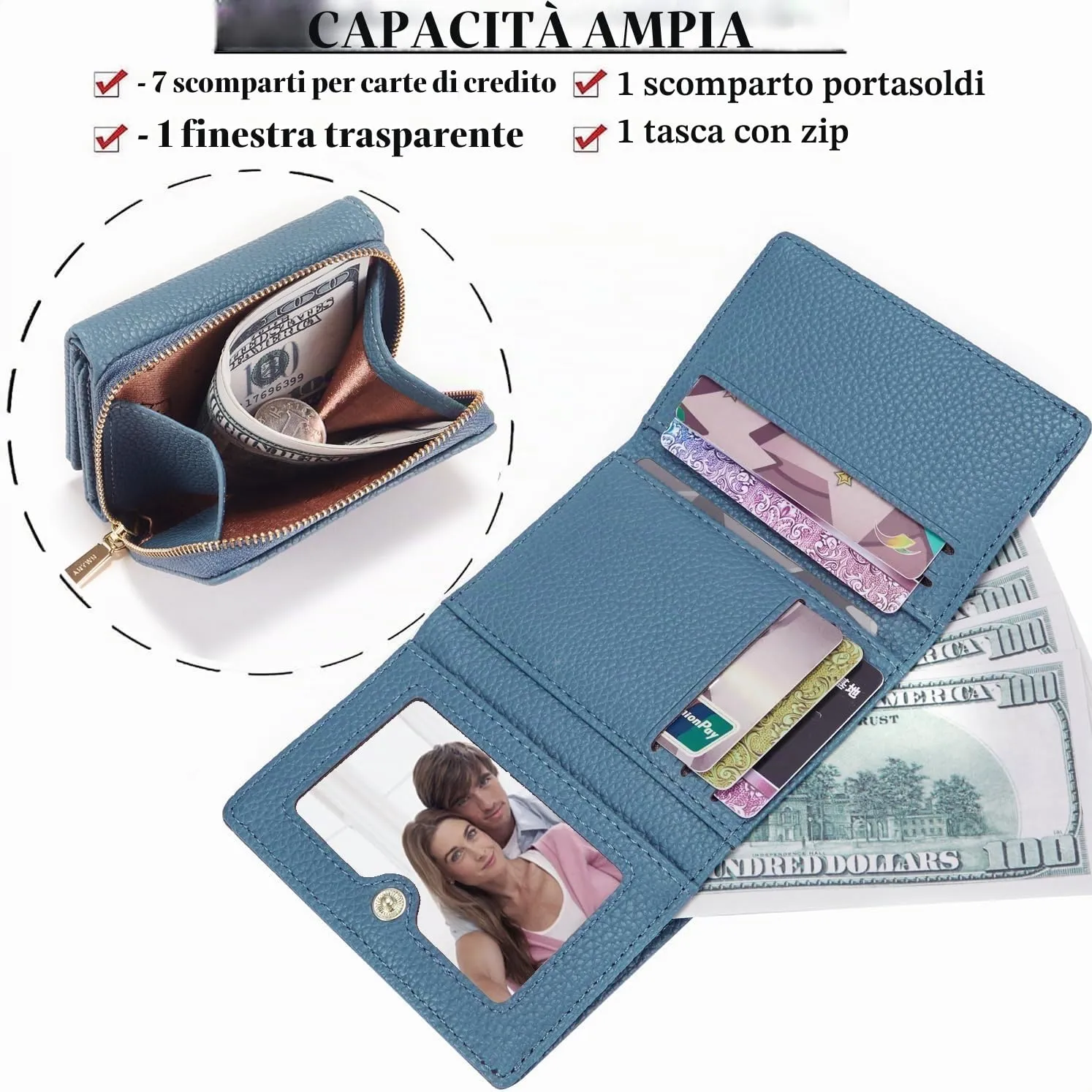 Portafogli donna piccolo, Borsellino piccolo con grande capacità, Elegante Portafoglio donna con grande tasca portamonete 33-Blu - immagine 2