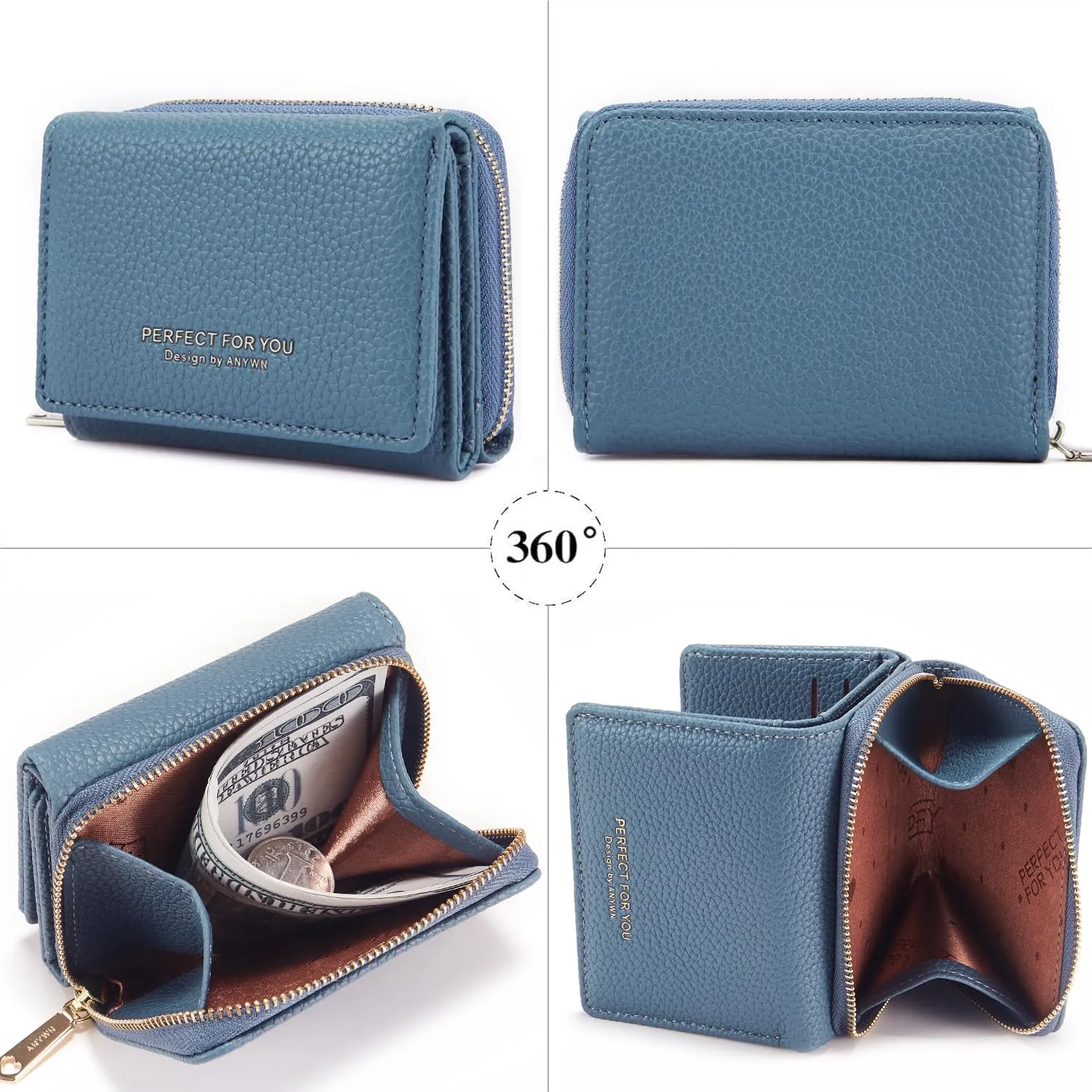 Portafogli donna piccolo, Borsellino piccolo con grande capacità, Elegante Portafoglio donna con grande tasca portamonete 33-Blu - immagine 3