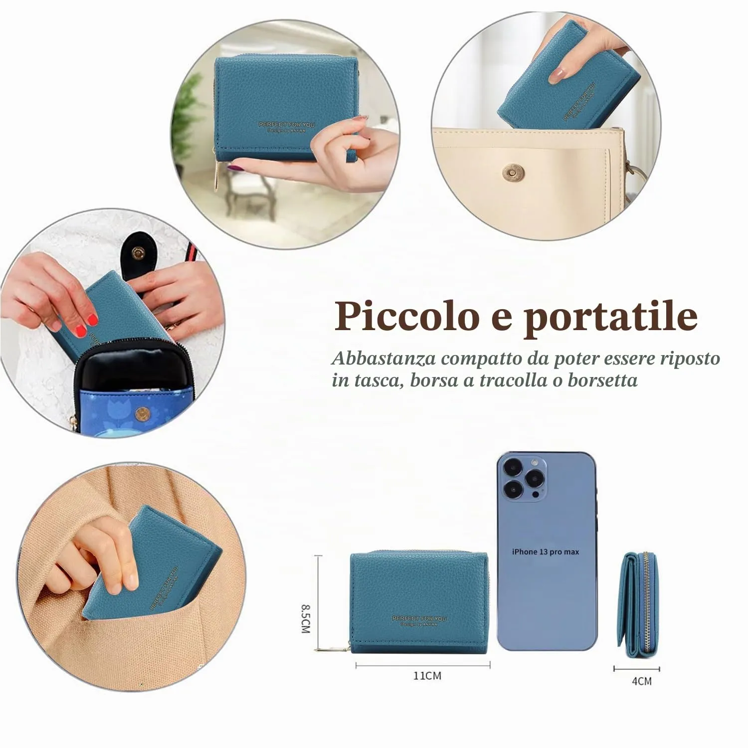 Portafogli donna piccolo, Borsellino piccolo con grande capacità, Elegante Portafoglio donna con grande tasca portamonete 33-Blu - immagine 4