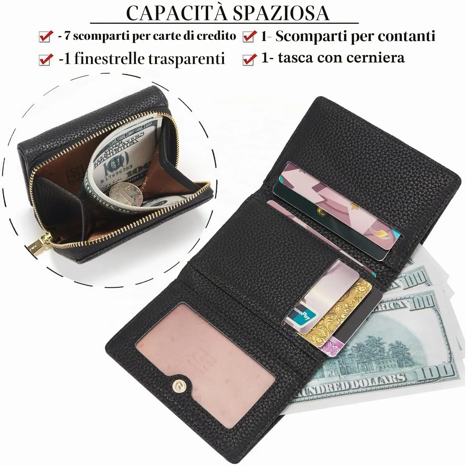 Portafogli donna piccolo, Borsellino piccolo con grande capacità, Elegante Portafoglio donna con grande tasca portamonete 33-Nero - immagine 2
