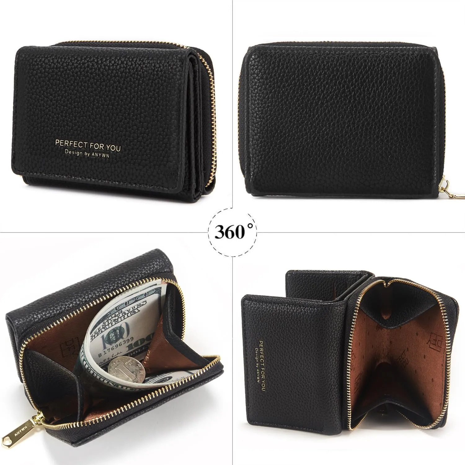 Portafogli donna piccolo, Borsellino piccolo con grande capacità, Elegante Portafoglio donna con grande tasca portamonete 33-Nero - immagine 3