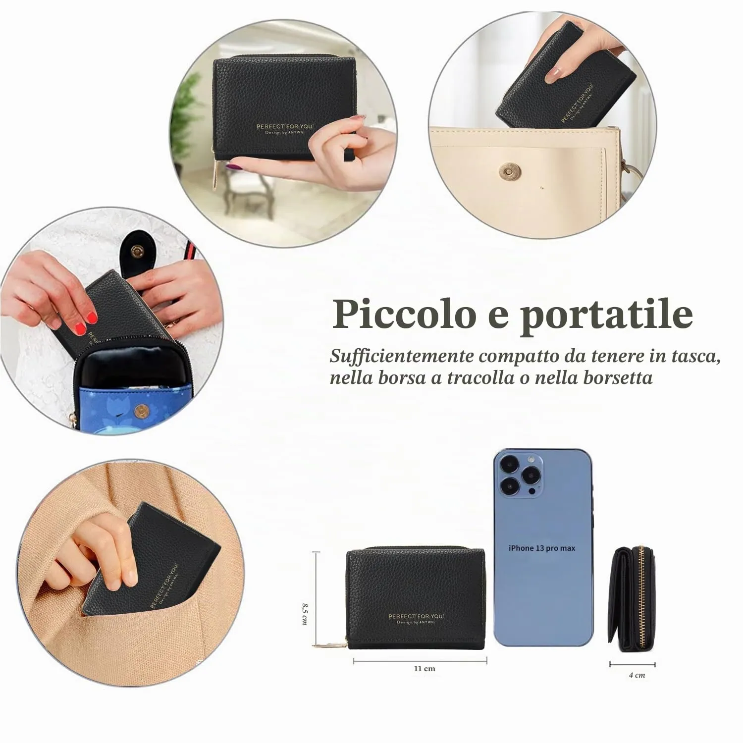 Portafogli donna piccolo, Borsellino piccolo con grande capacità, Elegante Portafoglio donna con grande tasca portamonete 33-Nero - immagine 4